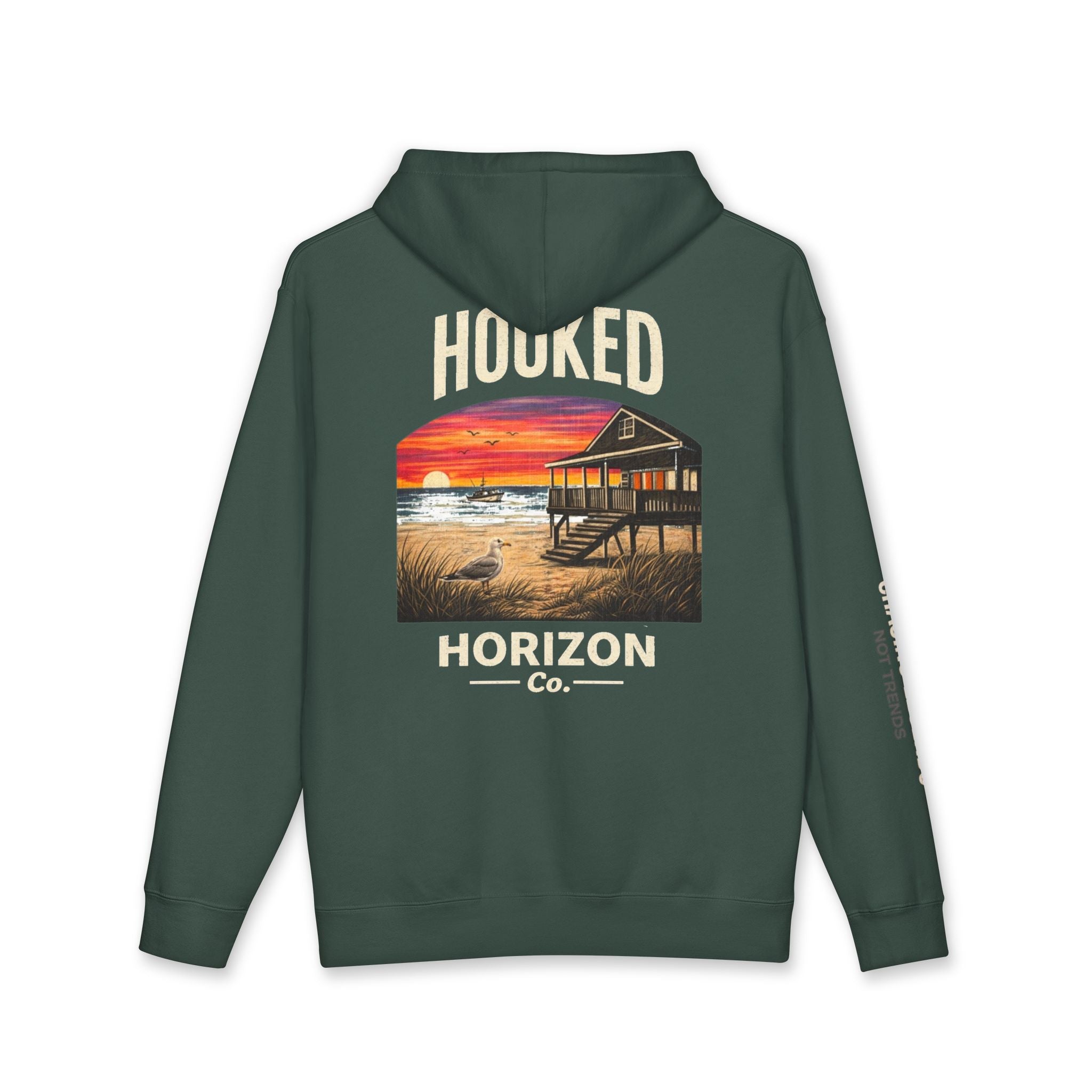 Seagull & Red Sunset Hoodie Hooked Horizon Co. — Minimal Fishing Back Graphic Hoodie, Multiple Color Variations