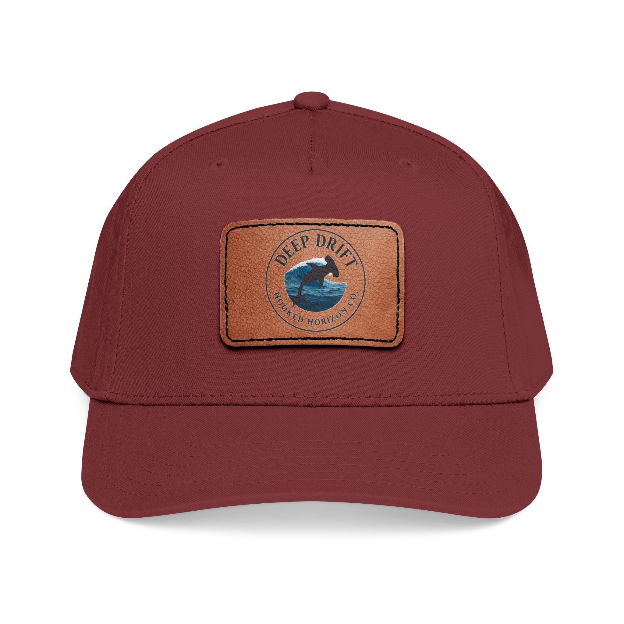 Deep Drift Leather Patch Baseball Cap — Hooked Horizon Co. Ocean Wave Logo, Multiple Color Variations
