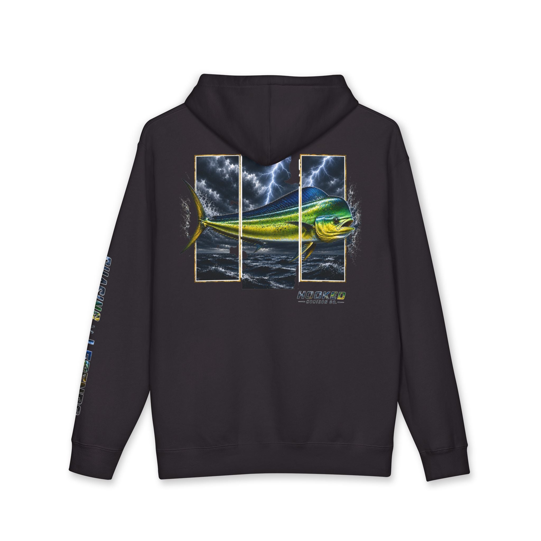Mahi Mahi Hoodie Hooked Horizon Co. — Fishing Back Graphic Hoodie, Multiple Color Variations