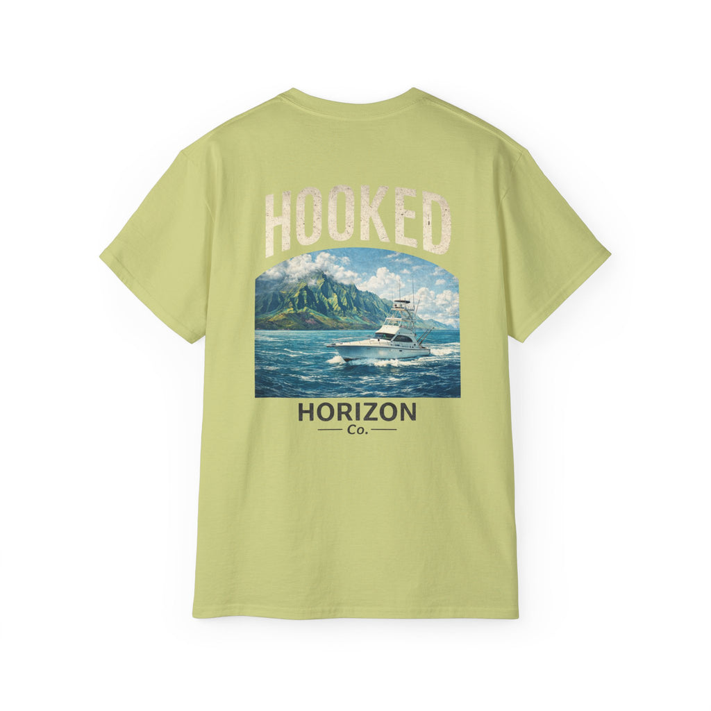 Fishing Charter T-Shirt — "Hooked" Boat & Horizon Graphic Tee, Multiple Color Variations