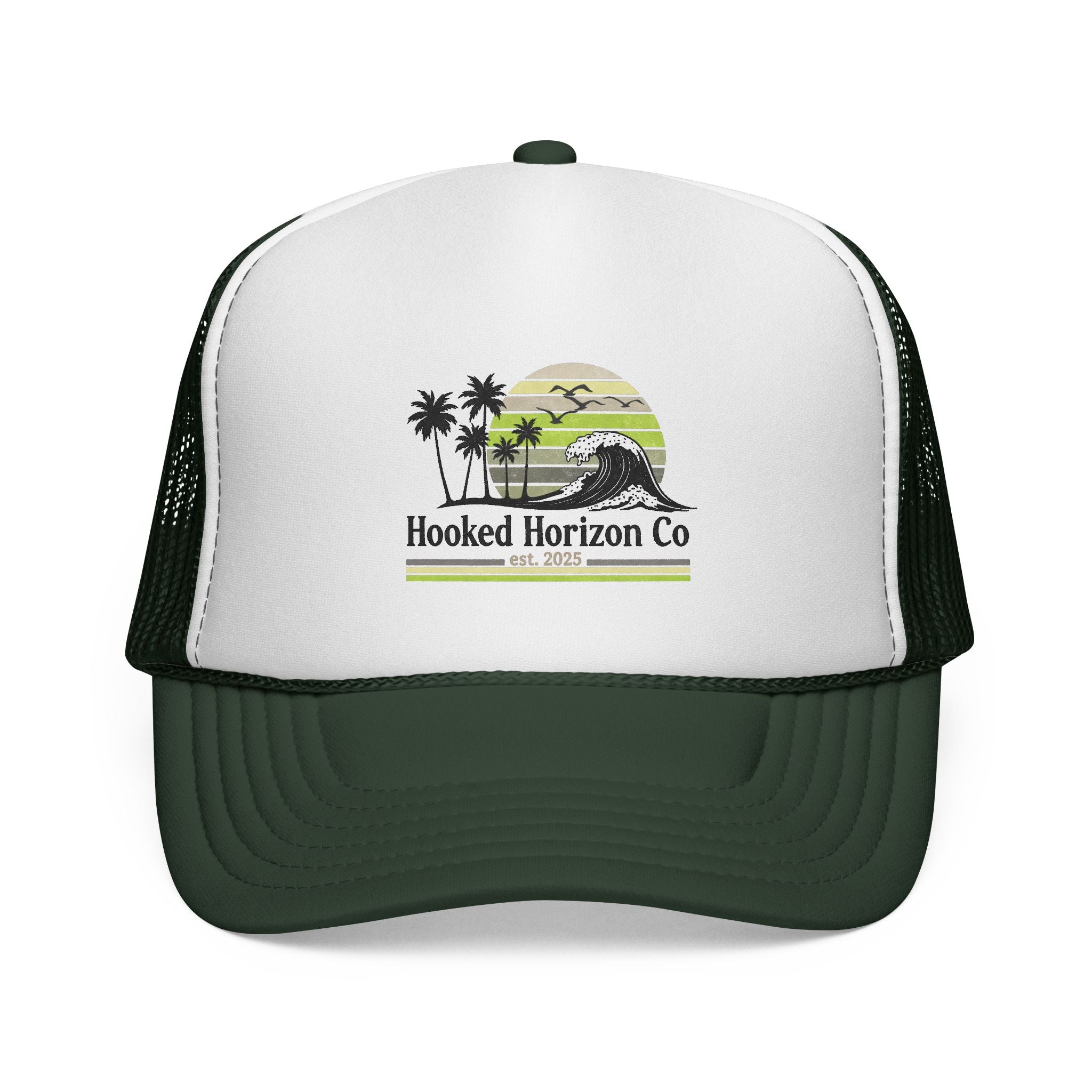 Hooked Horizon Co.  Sunset & Palm Tree 90s Inspired Trucker Cap — Outdoor & Beach Hat Ocean Conservation Gifts For Him & Her