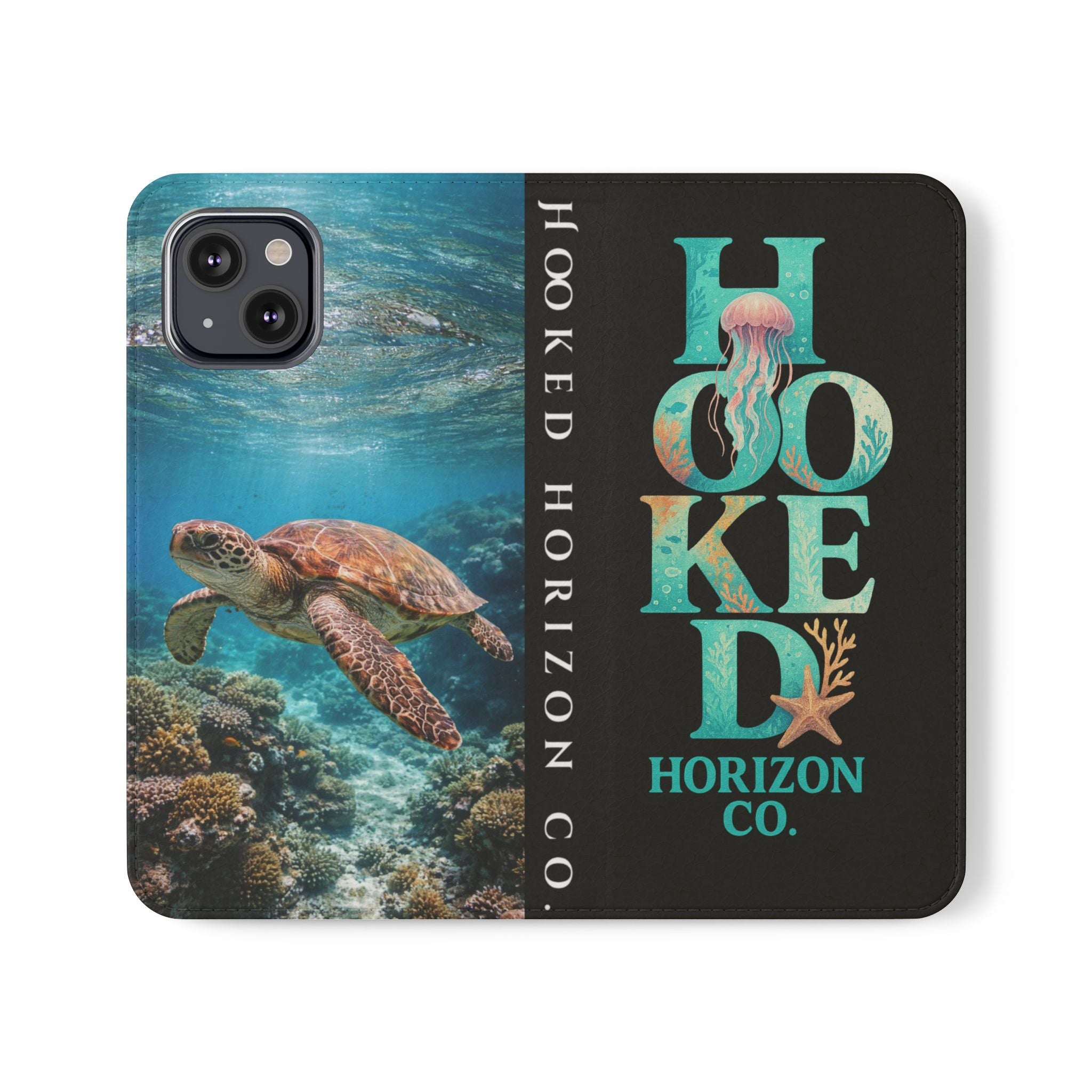 Turtle Hooked Horizon Co Flip Phone Case — Turquoise Water Pattern Wallet Cover