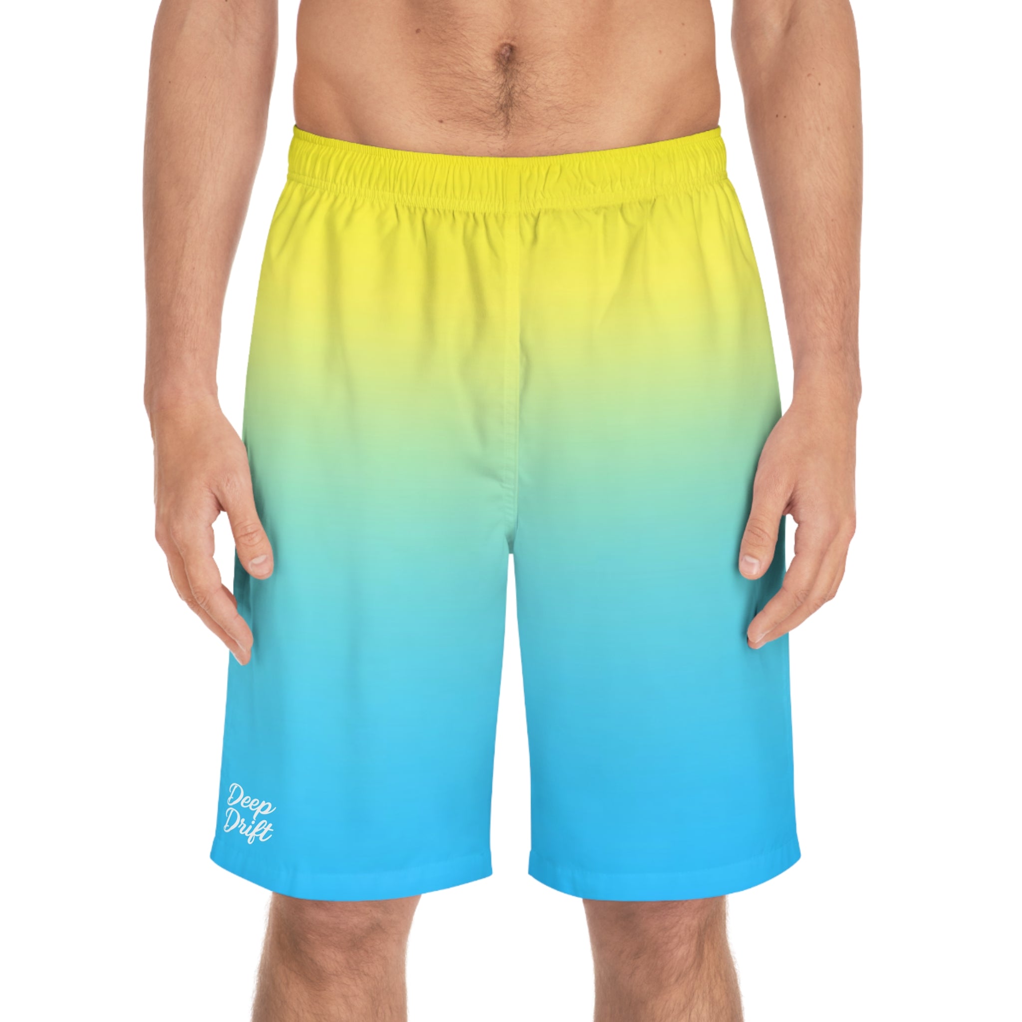 Blue To Yellow Ombre Men's Ocean-Inspired Board Shorts, Swimwear for Beach Days, Summer Vacations, Pool Parties, Surfing Attire, Water Sports