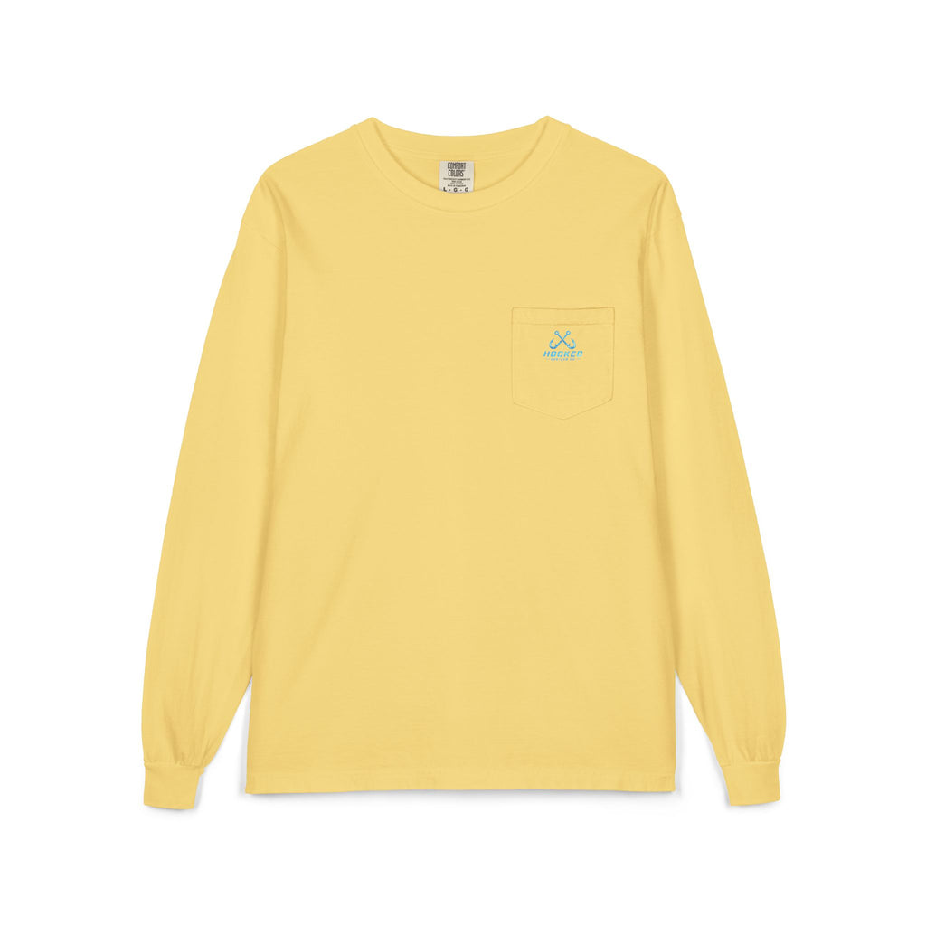 Bright Blue Hooked Horizon Co.  Classic Logo Unisex Long Sleeve Pocket T-Shirt