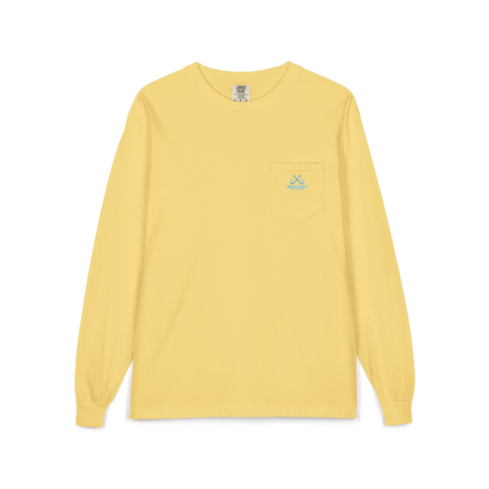Bright Blue Hooked Horizon Co.  Classic Logo Unisex Long Sleeve Pocket T-Shirt