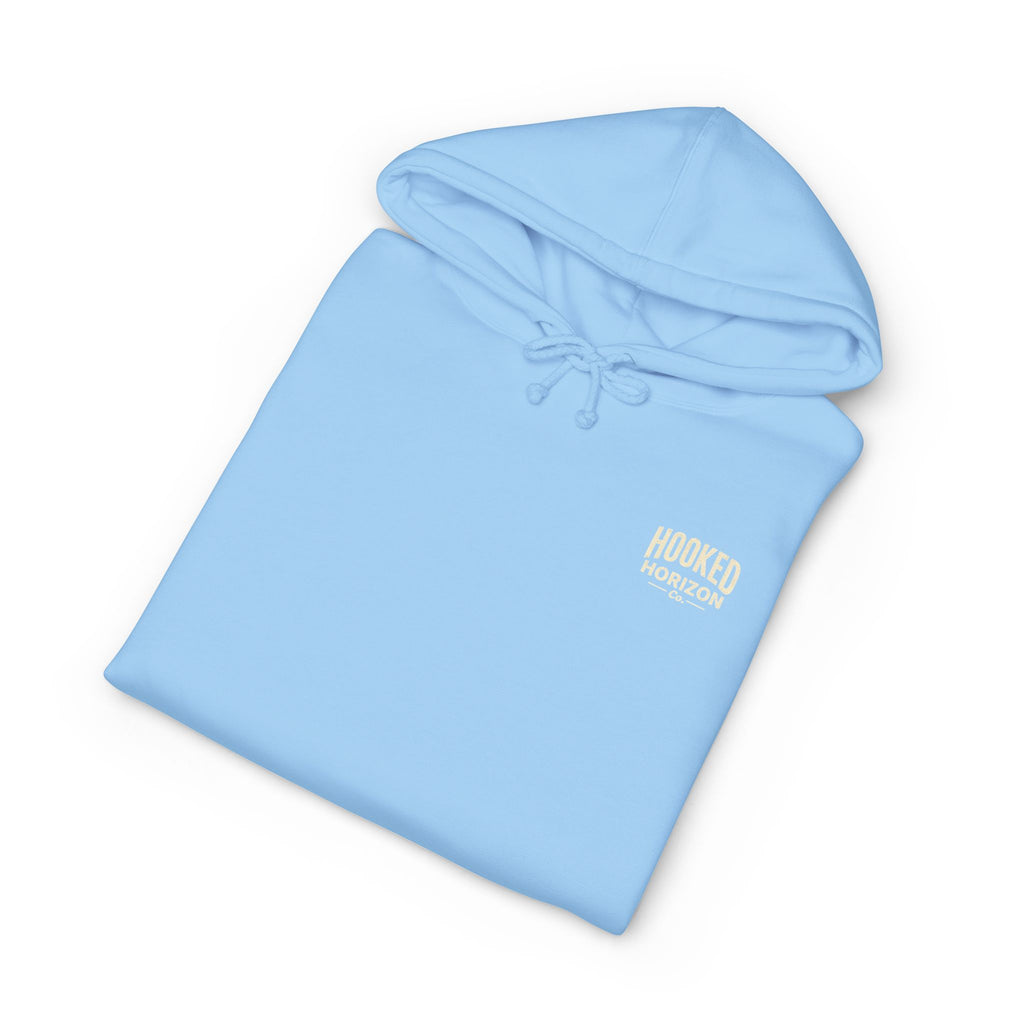 Dog & Sunset Hoodie Hooked Horizon Co. — Minimal Fishing Back Graphic Hoodie, Multiple Color Variations