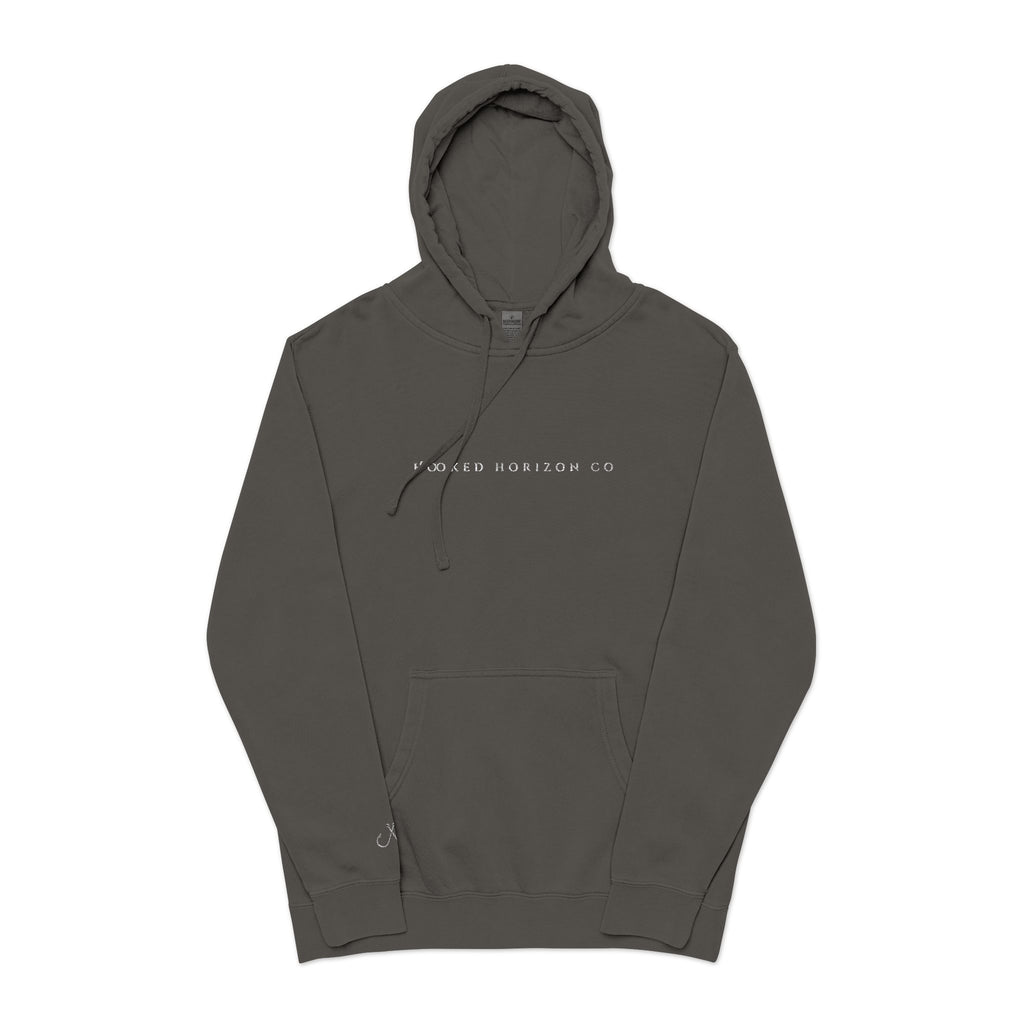 Hooked Horizon Co — Minimal Distrissed Hoodie — Distressed Tiny Text Pigment-Dyed Sweatshirt