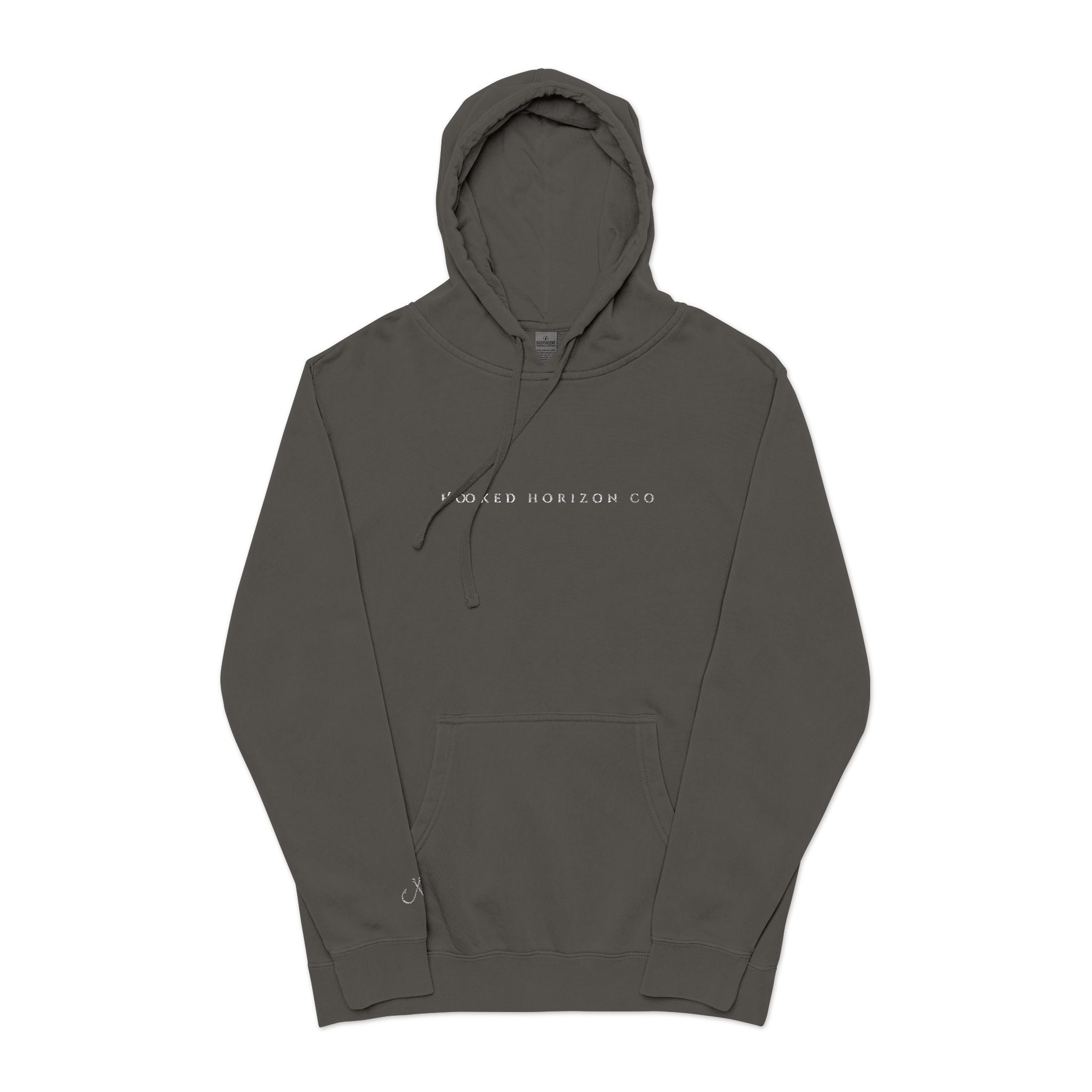 Hooked Horizon Co — Minimal Distrissed Hoodie — Distressed Tiny Text Pigment-Dyed Sweatshirt