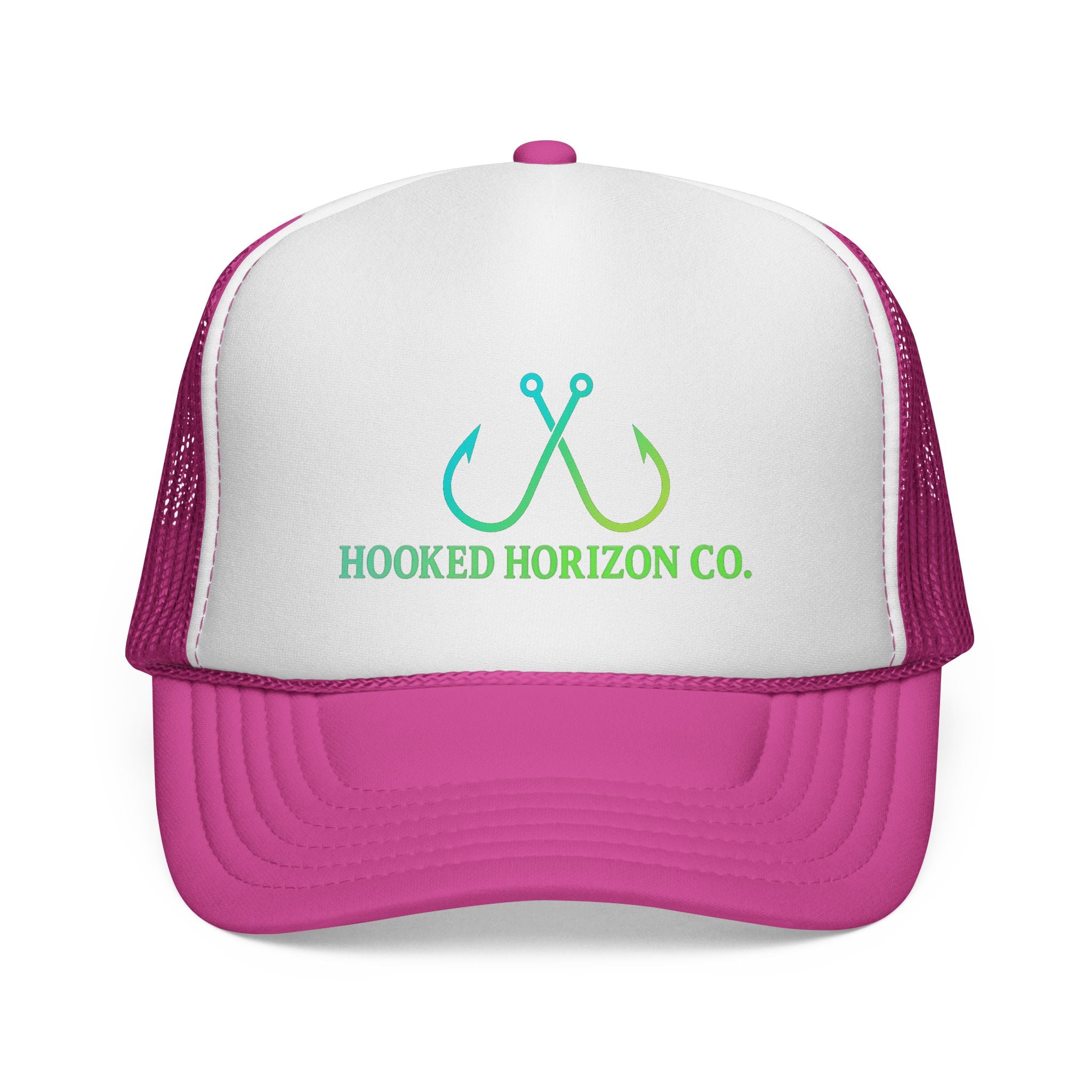Sea Green & Teal Blue Trucker Cap — Hooked Horizon Co. Fishing Hooks Logo