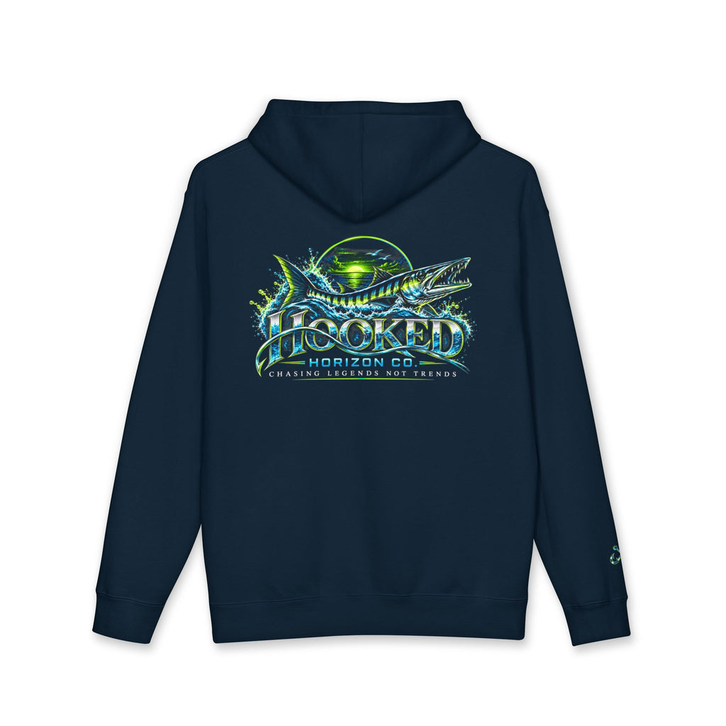 Barracuda Like Green Logo Hoodie—Hooked Horizon Co. — Fishing Back Graphic Hoodie, Multiple Color Variations