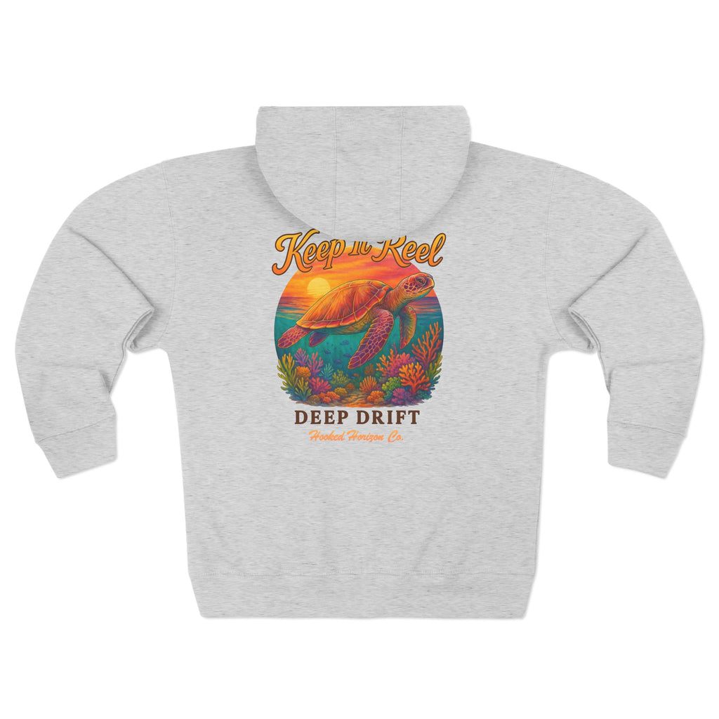 Turtle "Keep It Reel" Deep Drift–Hooked Horizon Co. Unisex Zip Hoodie for Ocean Lovers, Nautical Fashion, Cool Weather Gear, Everyday Comfort, Perfect Gift