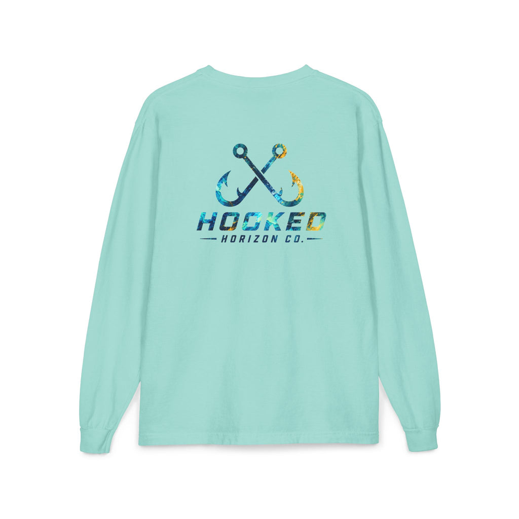 Blue & Gold Hooked Horizon Co.  Classic Logo Unisex Long Sleeve Pocket T-Shirt