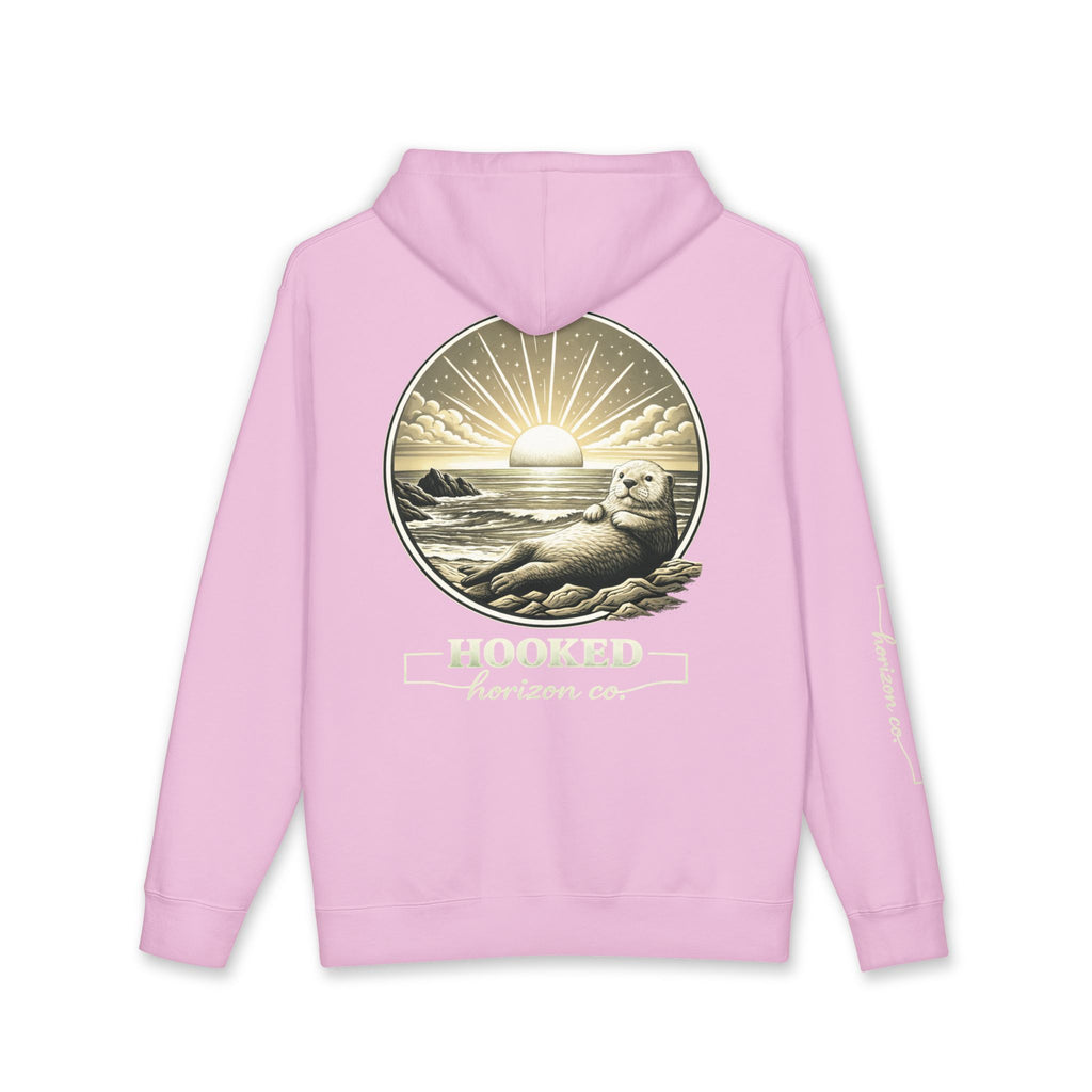 Sea Otter & Sunset Hoodie Hooked Horizon Co. — Minimal Fishing Back Graphic Hoodie, Multiple Color Variations