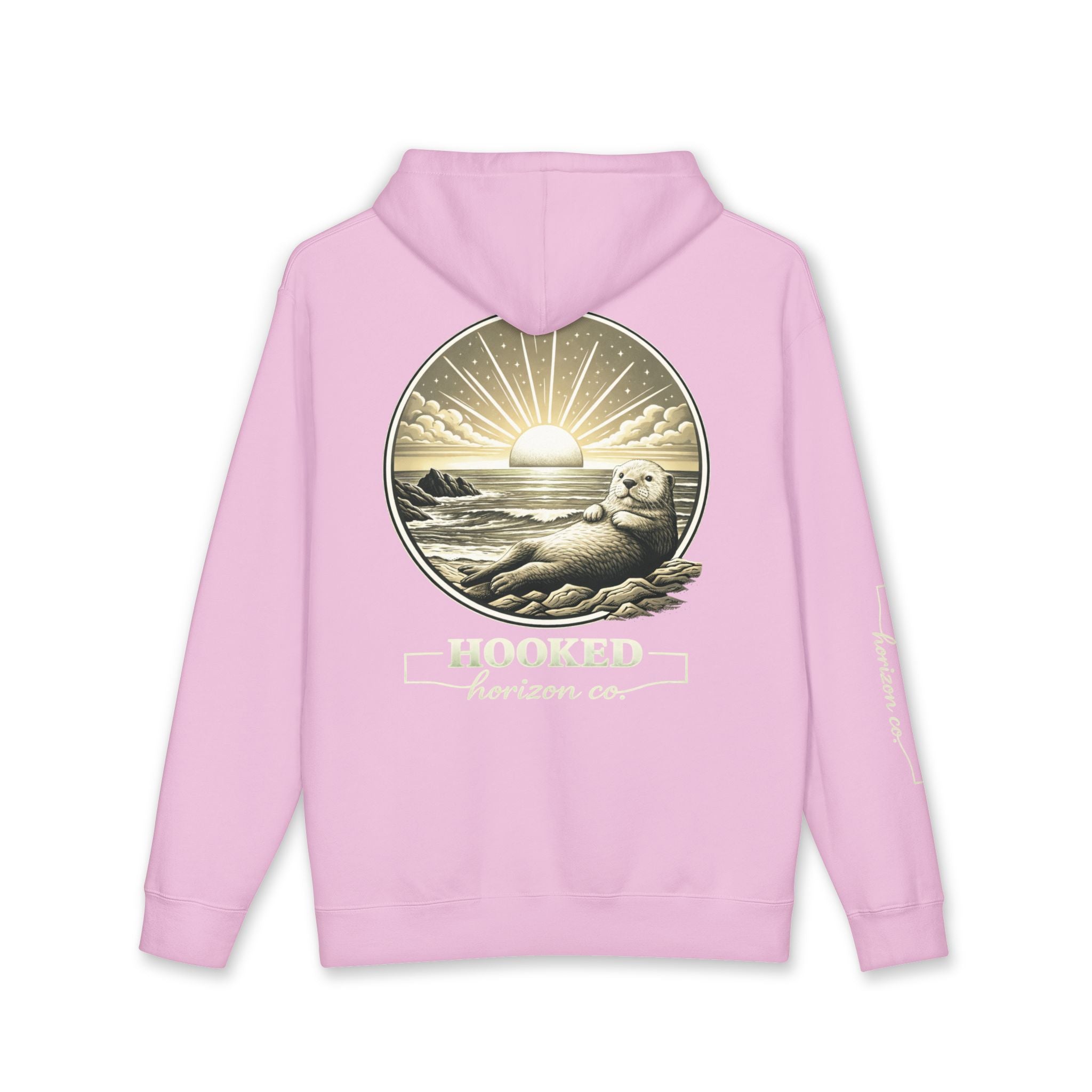 Sea Otter & Sunset Hoodie Hooked Horizon Co. — Minimal Fishing Back Graphic Hoodie, Multiple Color Variations