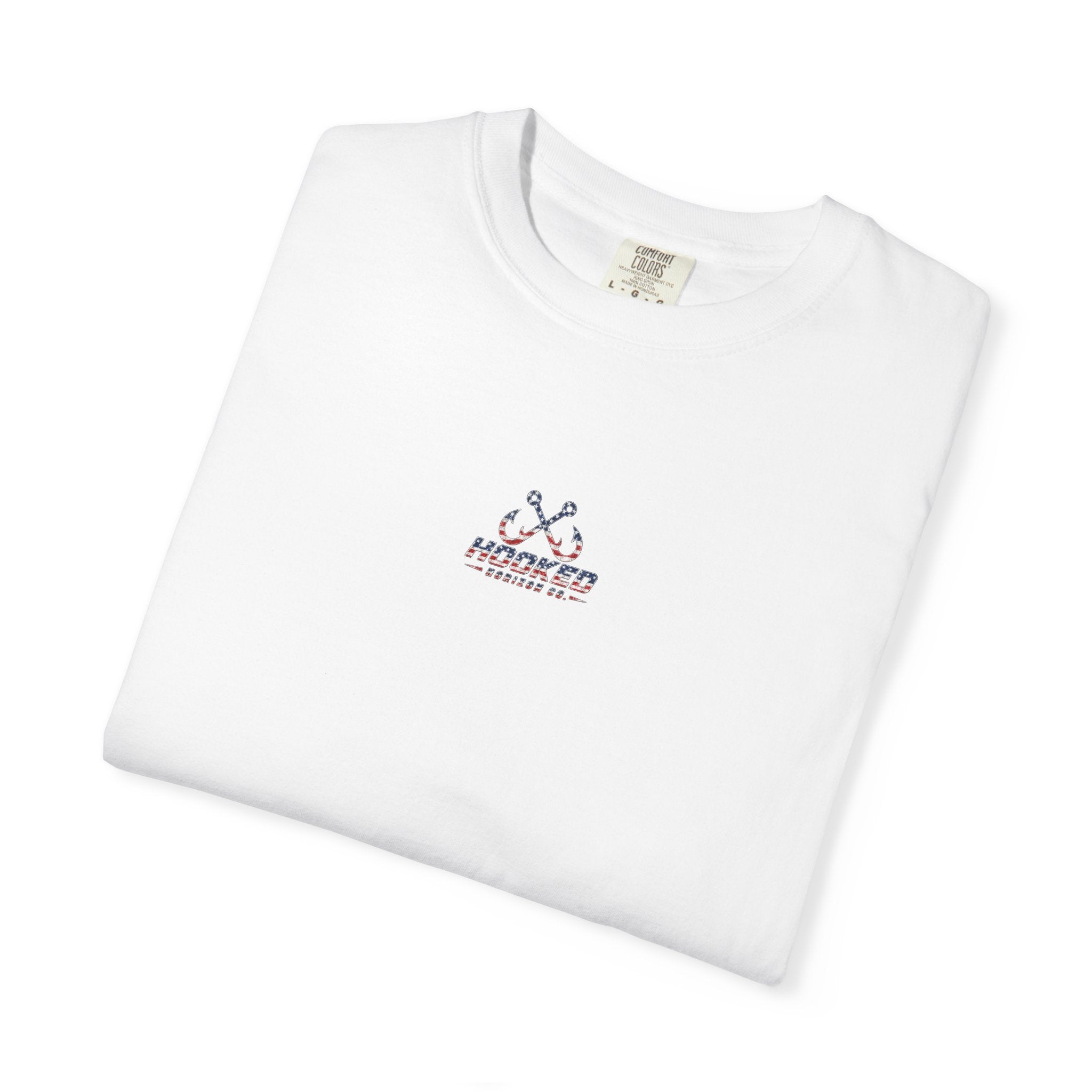 USA Shark Flag T-Shirt — "Hooked Horizon Co." American Fishing Graphic Tee