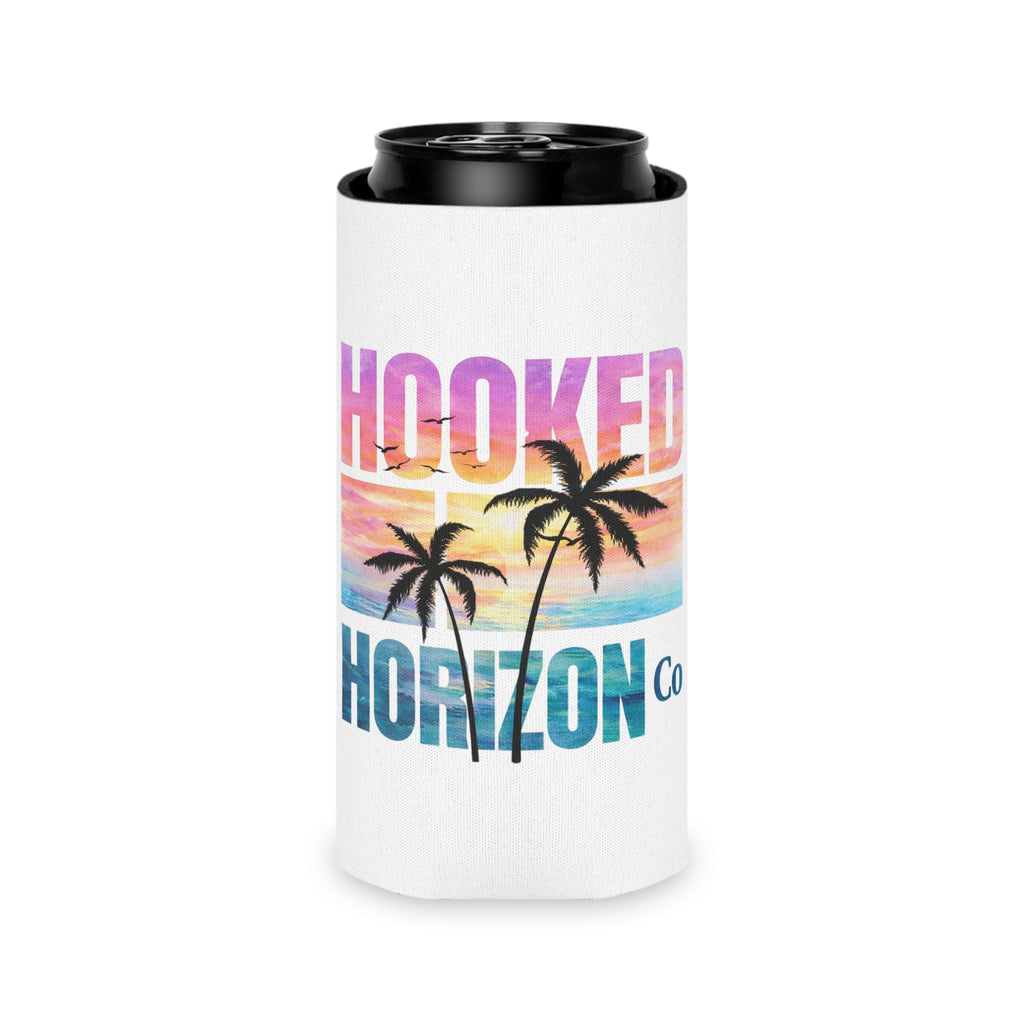 Hooked Horizon Co. Sunset & Palm Tree 90s Inspired Can Cooler – Tropical Sunset Palm Beverage Koozie
