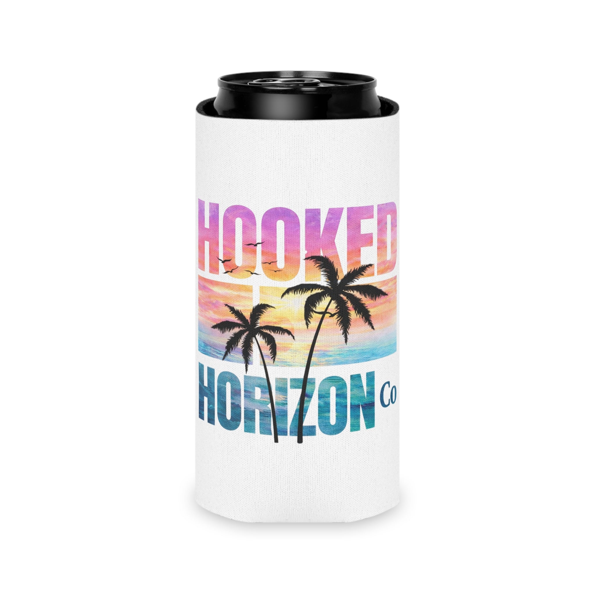 Hooked Horizon Co. Sunset & Palm Tree 90s Inspired Can Cooler – Tropical Sunset Palm Beverage Koozie