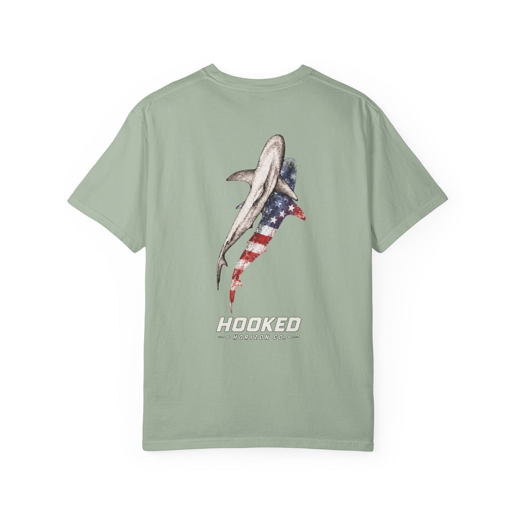 USA Shark Flag T-Shirt — "Hooked Horizon Co." American Fishing Graphic Tee