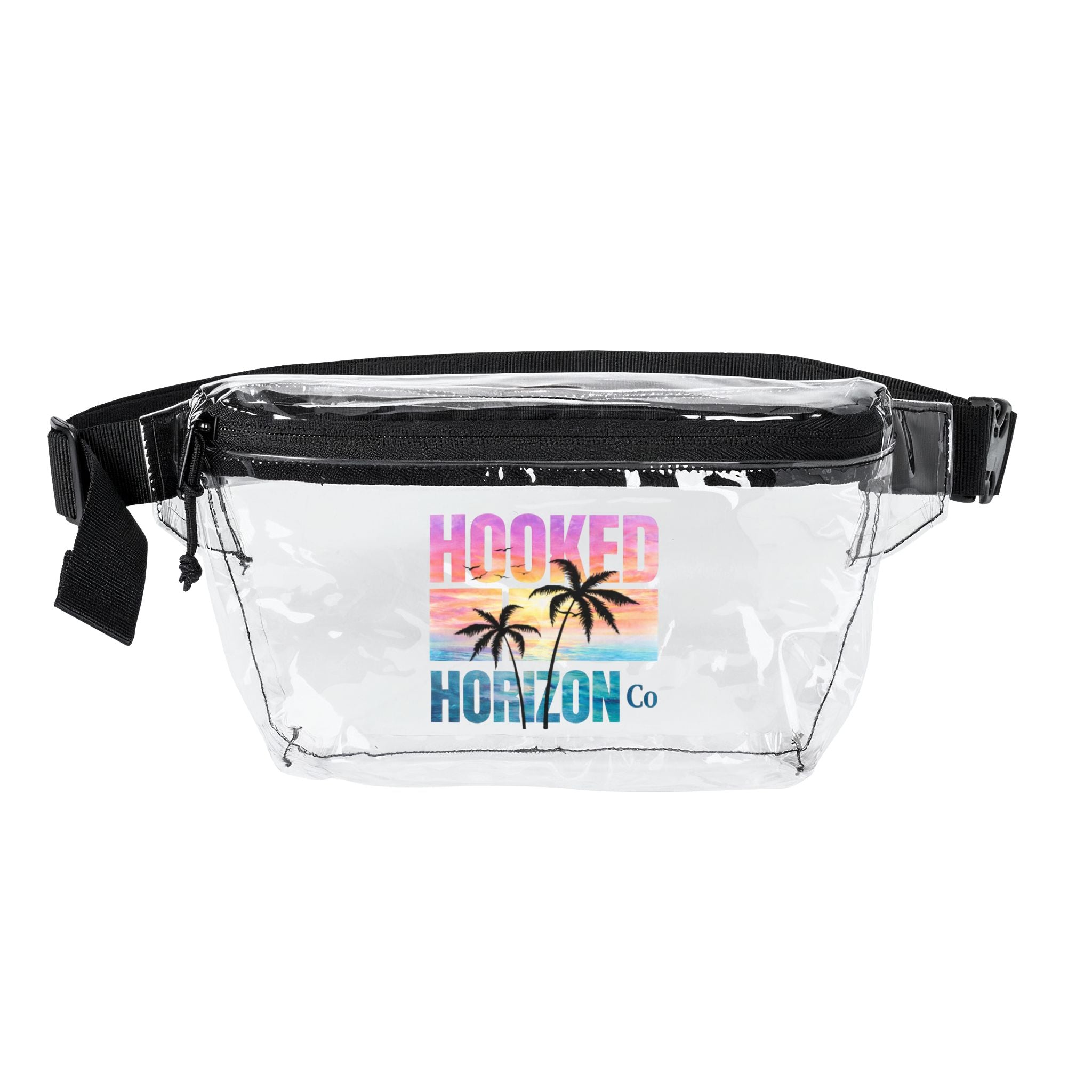Clear Sunset & Palm Tree Fanny Pack — "Hooked Horizon Co." Beach Festival Waist Bag