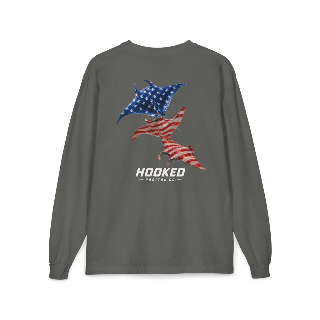 USA Manta Ray Hooked Horizon Co.  Classic Logo Unisex Long Sleeve Pocket T-Shirt
