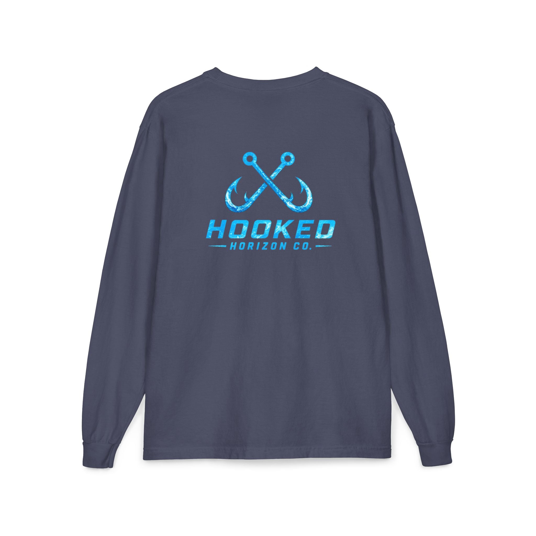Bright Blue Hooked Horizon Co.  Classic Logo Unisex Long Sleeve Pocket T-Shirt