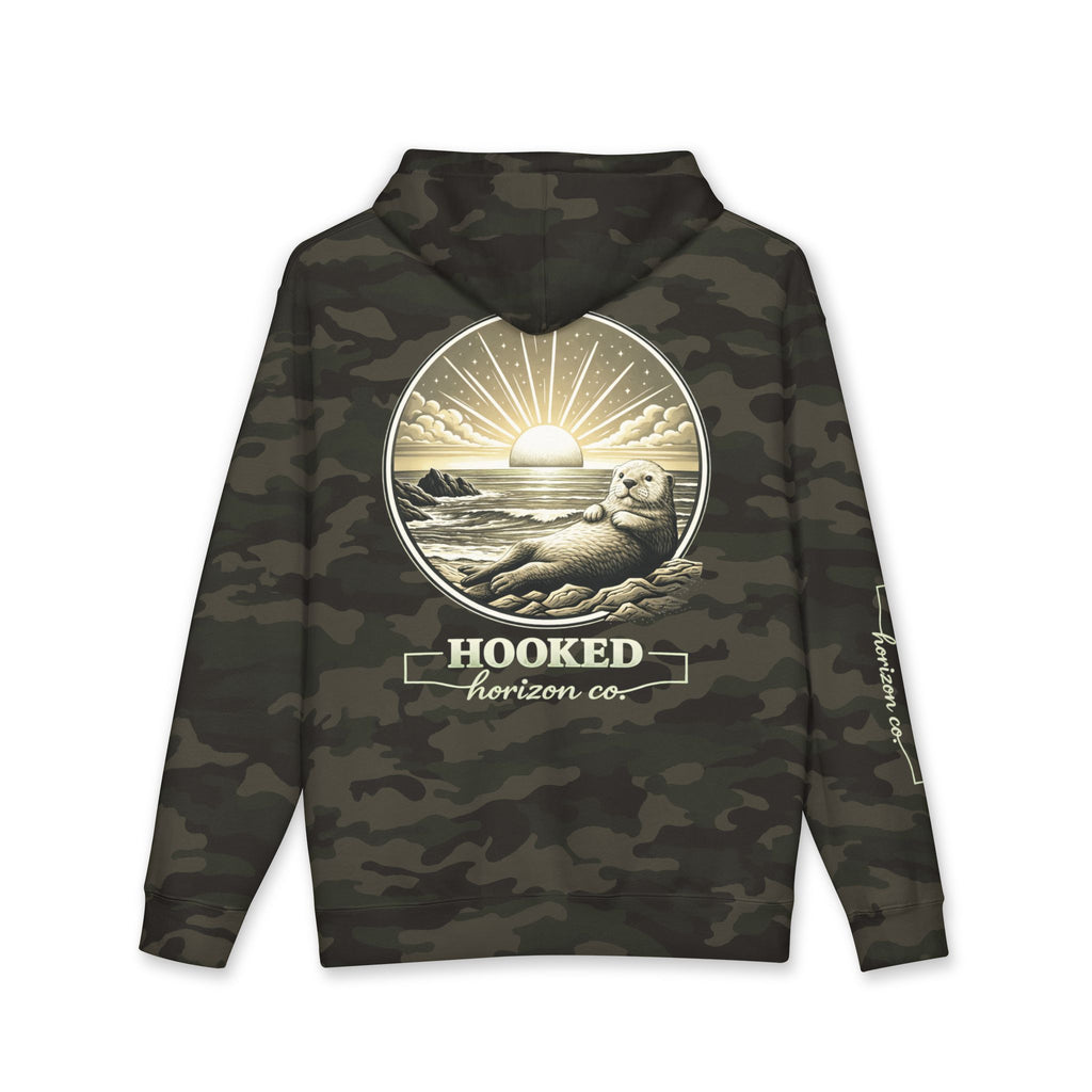 Sea Otter & Sunset Hoodie Hooked Horizon Co. — Minimal Fishing Back Graphic Hoodie, Multiple Color Variations