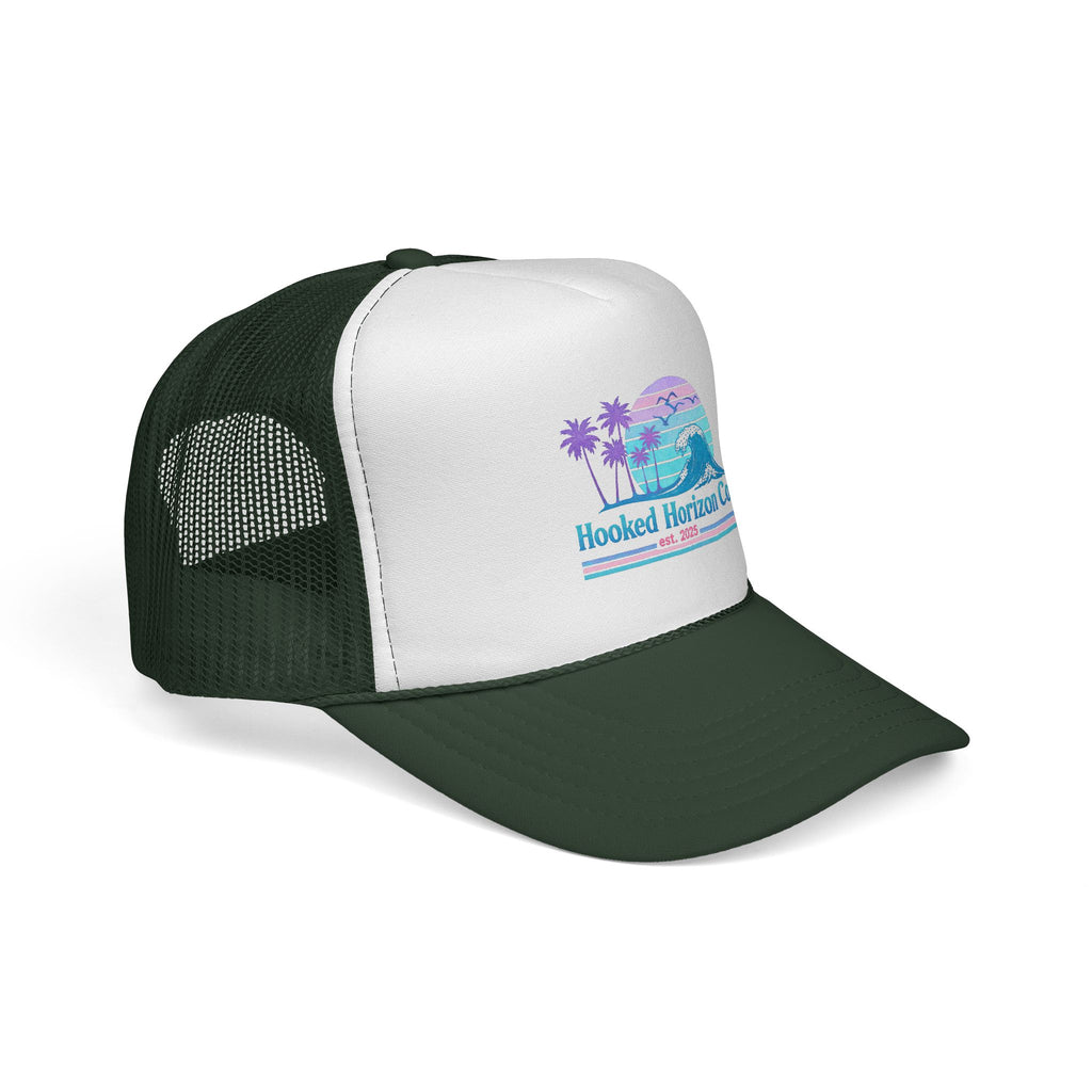 Hooked Horizon Co.  Wave, Sunset & Palm Tree 90s Inspired Trucker Cap in Purple & Blue — Outdoor & Beach Hat Ocean Conservation Gifts For Him & Her