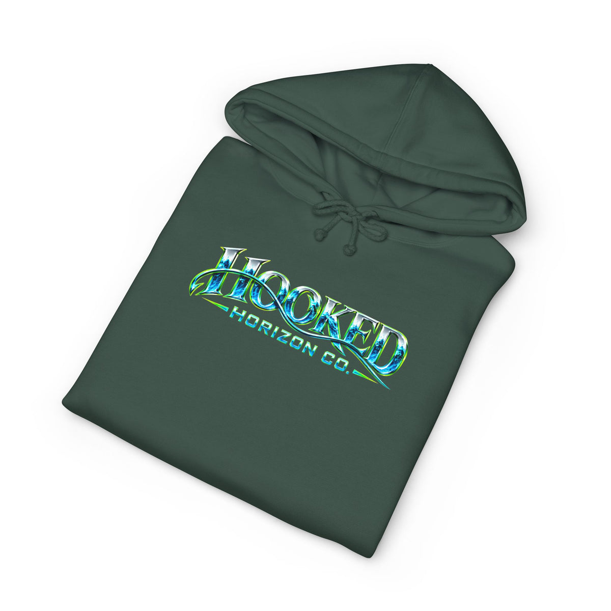 Barracuda Like Green Logo Hoodie—Hooked Horizon Co. — Fishing Back Graphic Hoodie, Multiple Color Variations