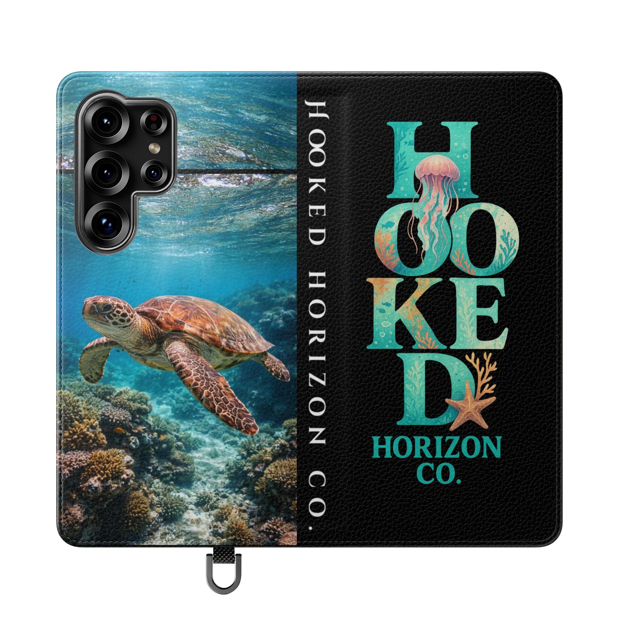 Turtle Hooked Horizon Co Flip Phone Case — Turquoise Water Pattern Wallet Cover