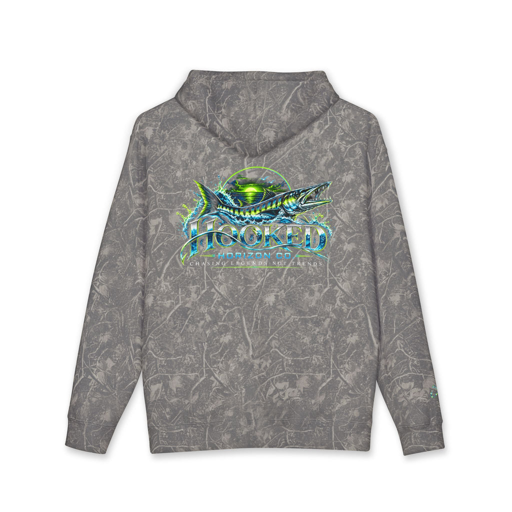 Barracuda Like Green Logo Hoodie—Hooked Horizon Co. — Fishing Back Graphic Hoodie, Multiple Color Variations