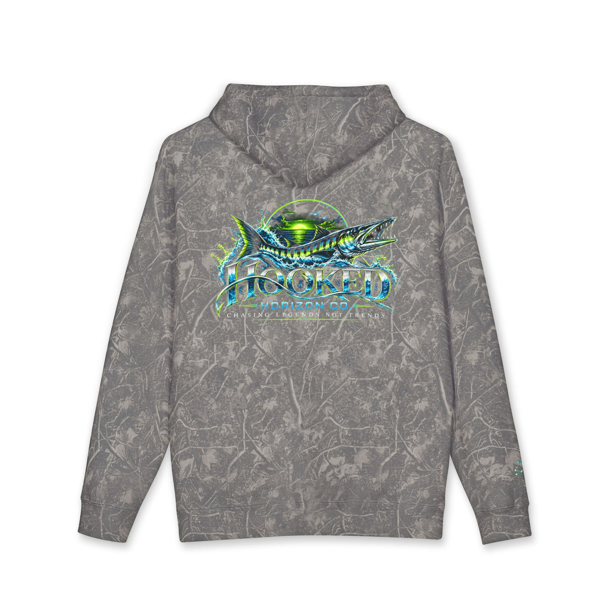 Barracuda Like Green Logo Hoodie—Hooked Horizon Co. — Fishing Back Graphic Hoodie, Multiple Color Variations