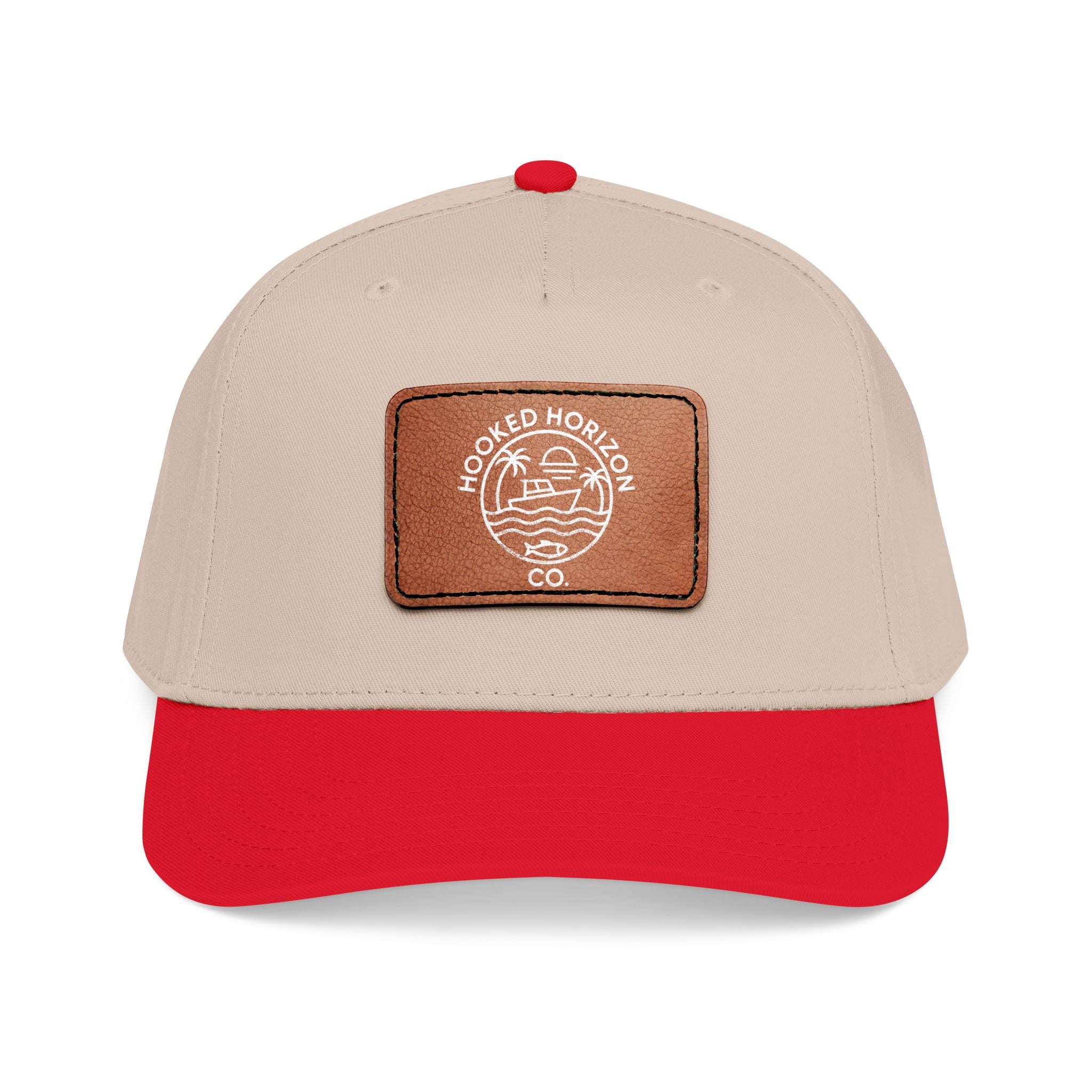 Hooked Horizon Co. 80s Inspired Logo–Leather Patch Baseball Cap — Hooked Horizon Co. Fishing Boat, Multiple Color Variations