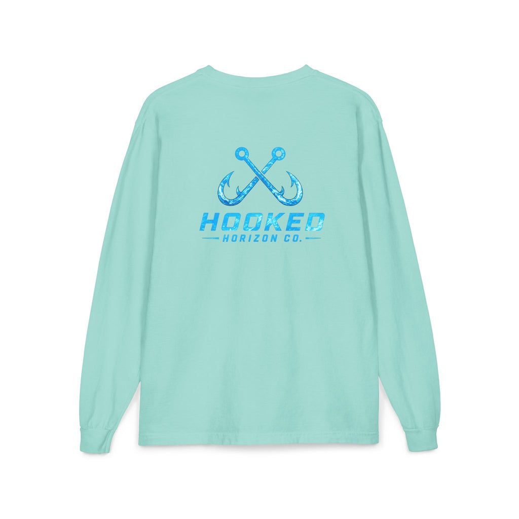 Bright Blue Hooked Horizon Co.  Classic Logo Unisex Long Sleeve Pocket T-Shirt
