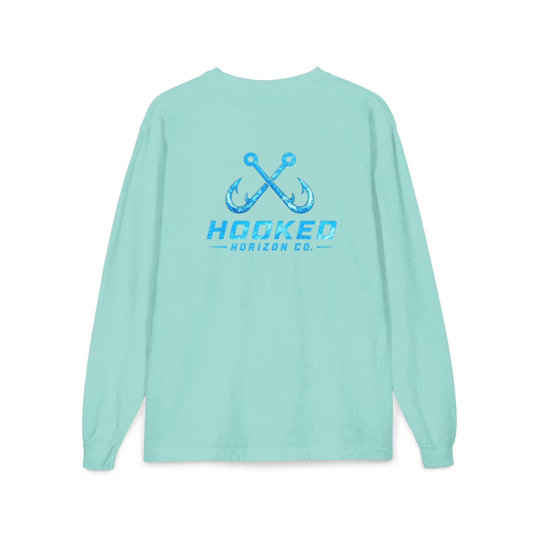Bright Blue Hooked Horizon Co.  Classic Logo Unisex Long Sleeve Pocket T-Shirt