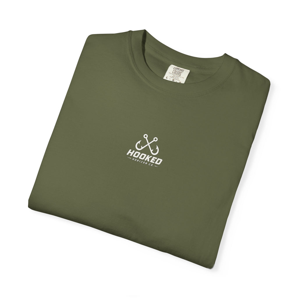 USA Triple Shark Hooked Horizon Co. — "Chasing Legends" Deep Drift Fishing Graphicishing Tee for Angler Lovers, Shark Lovers, Ocean Tee
