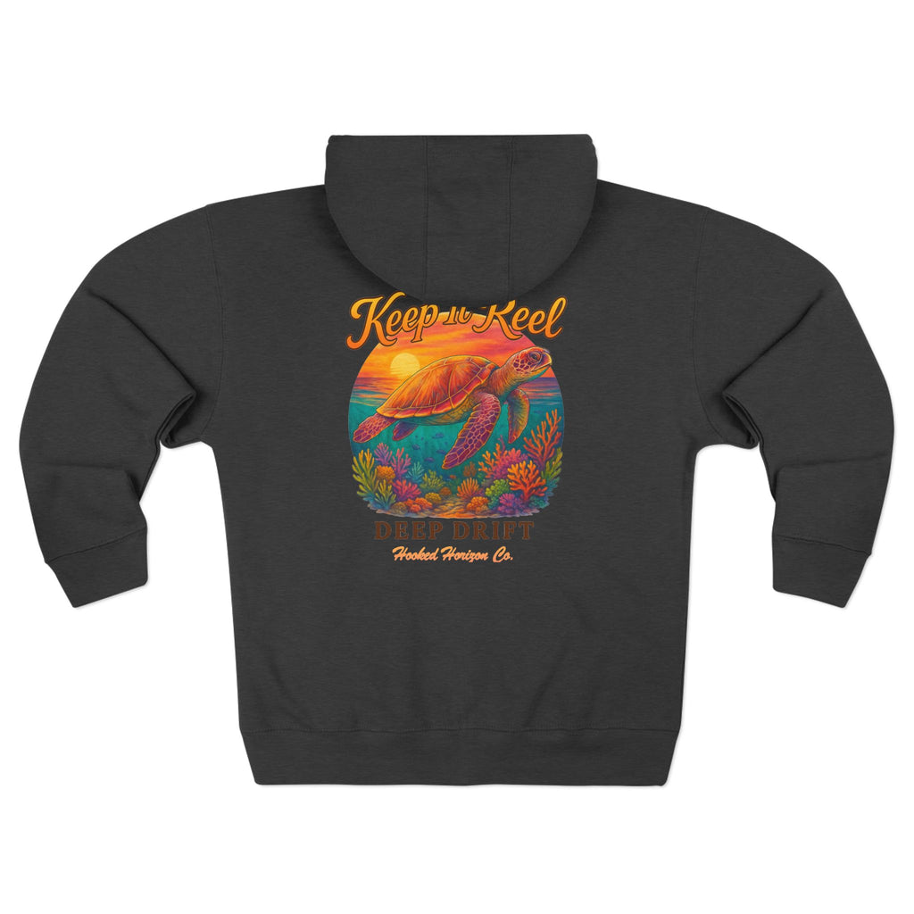 Turtle "Keep It Reel" Deep Drift–Hooked Horizon Co. Unisex Zip Hoodie for Ocean Lovers, Nautical Fashion, Cool Weather Gear, Everyday Comfort, Perfect Gift