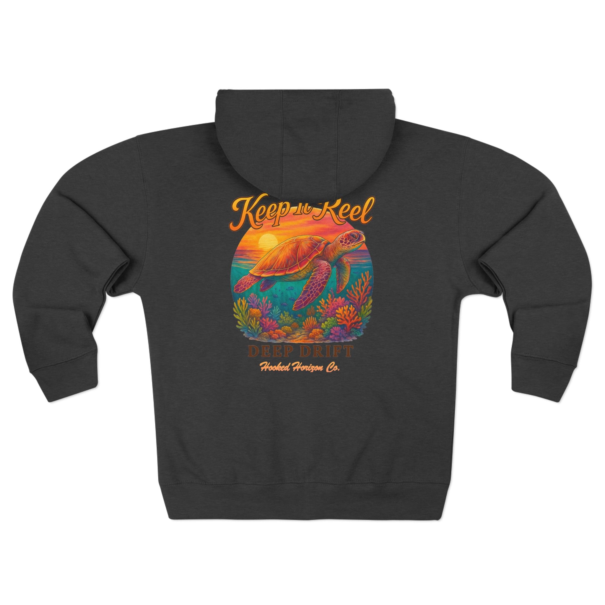 Turtle "Keep It Reel" Deep Drift–Hooked Horizon Co. Unisex Zip Hoodie for Ocean Lovers, Nautical Fashion, Cool Weather Gear, Everyday Comfort, Perfect Gift