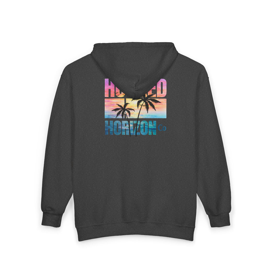 Hooked Horizon Co. Sunset & Palm Tree 90s Inspired Vacation Zip Hoodie - Tropical Palm Sunset Fishing Hoodie,  Multiple Color Variations