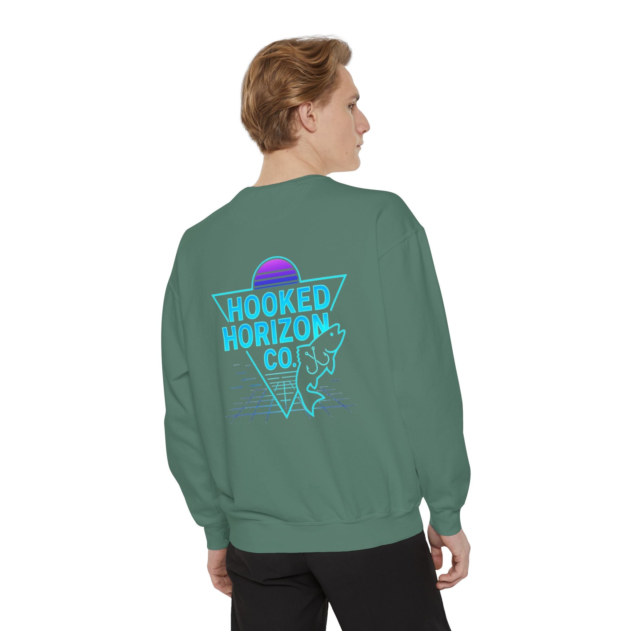 Vintage Vibes Grid Sweatshirt — "Hooked Horizon Co." Logo Pullover