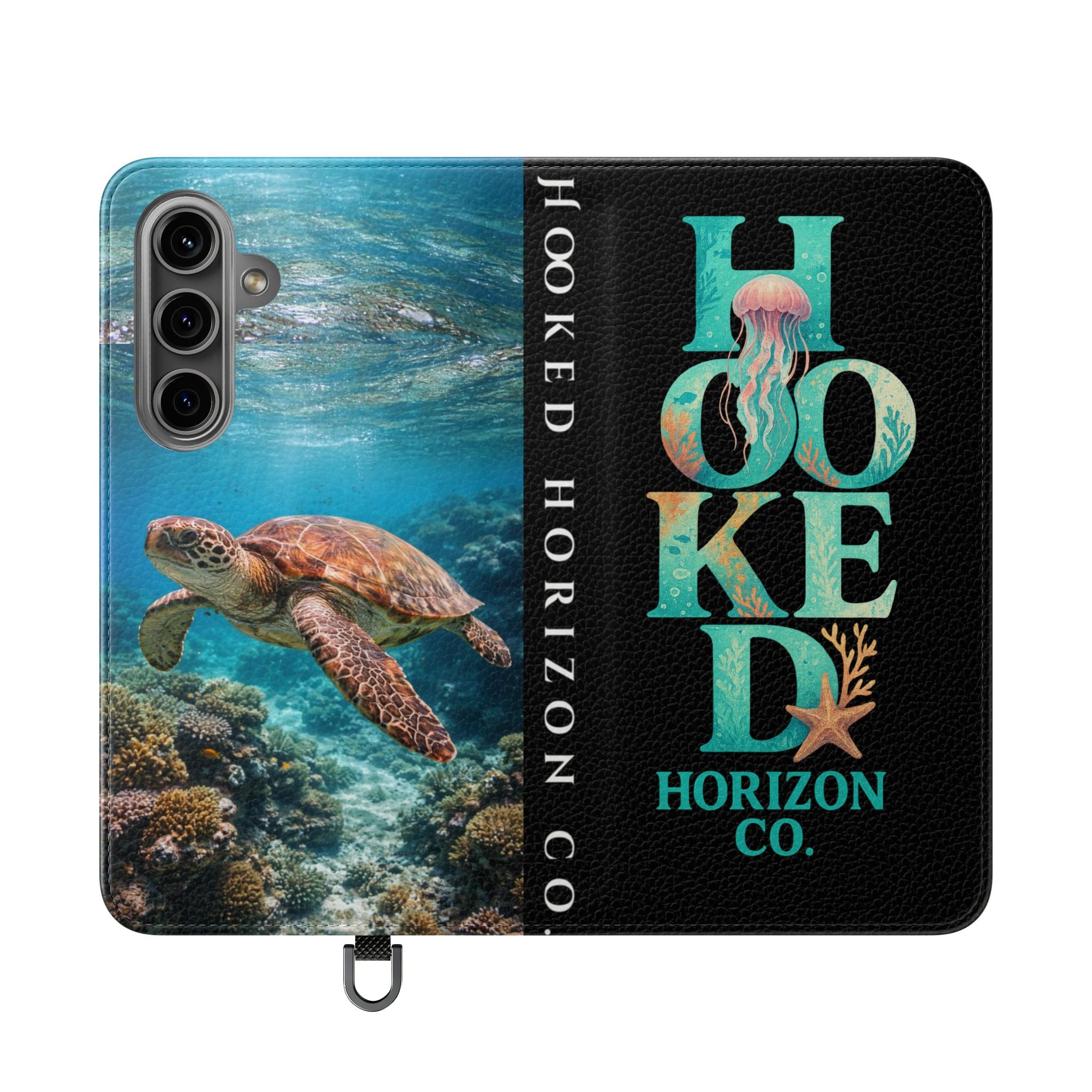 Turtle Hooked Horizon Co Flip Phone Case — Turquoise Water Pattern Wallet Cover