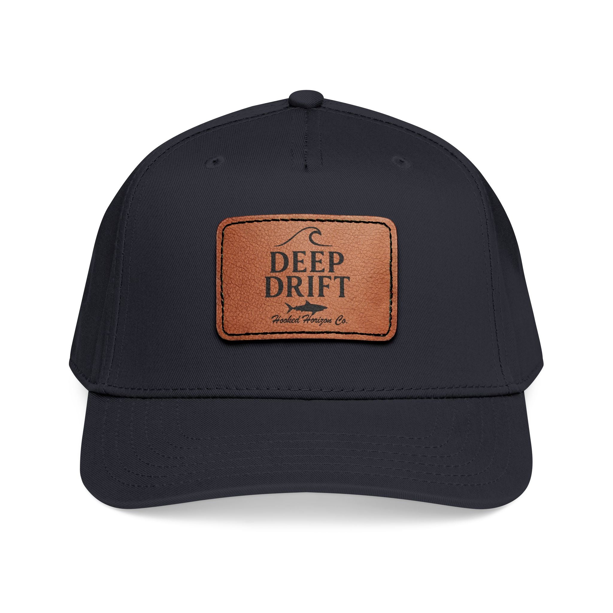 "Deep Drift" Shark Wave Leather Patch Baseball Cap — Hooked Horizon Co. Ocean Wave Logo, Multiple Color Variations