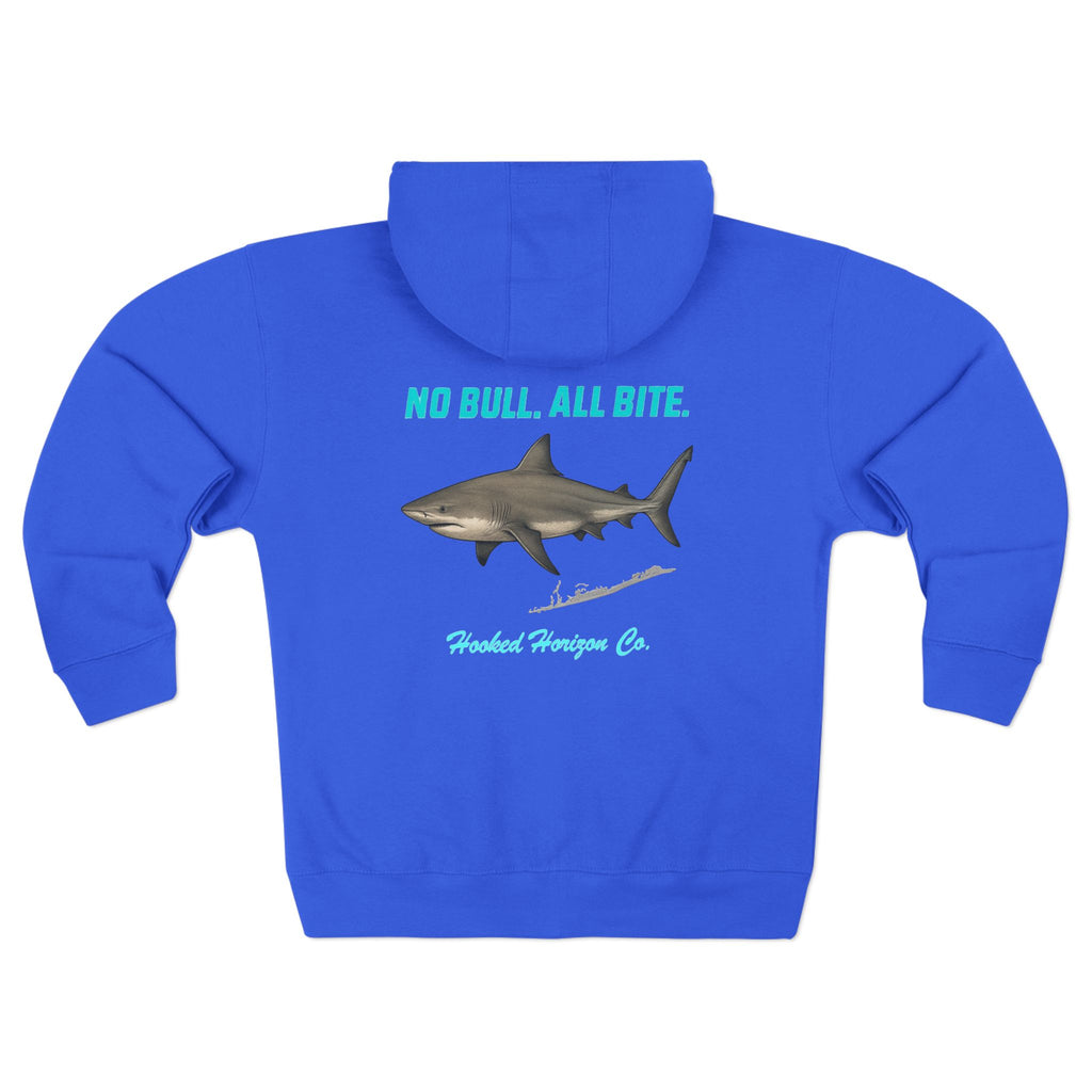 Blue Siesta Key Bull Shark Tee Deep Drift Hooked Horizon C. No Bull All BiteUnisex Zip Hoodie for Ocean Lovers, Nautical Fashion, Cool Weather Gear, Everyday Comfort, Perfect Gift
