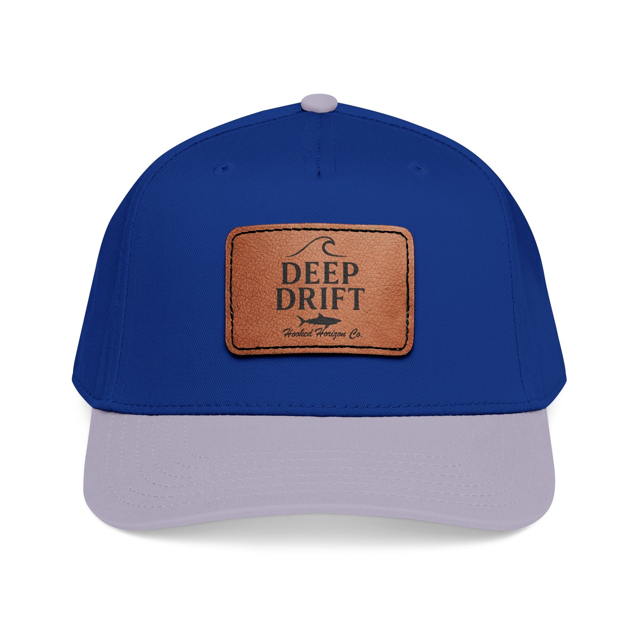 "Deep Drift" Shark Wave Leather Patch Baseball Cap — Hooked Horizon Co. Ocean Wave Logo, Multiple Color Variations