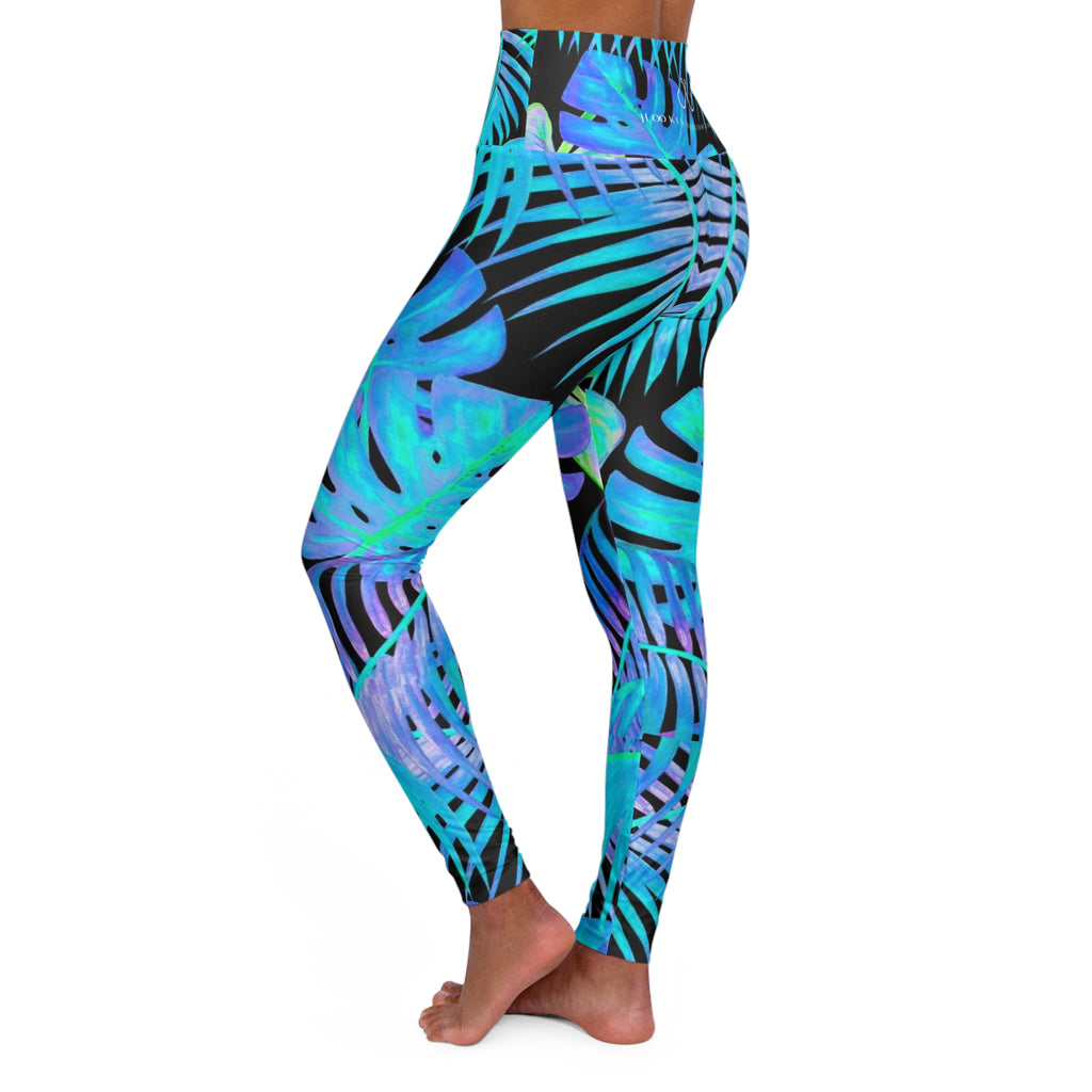 Tropical Blue Feather High-Waisted Yoga Leggings — Hooked Horizon Co. Comfortable Activewear, Fitness Pants, Ideal for Gym, Yoga, and Weekend Brunch