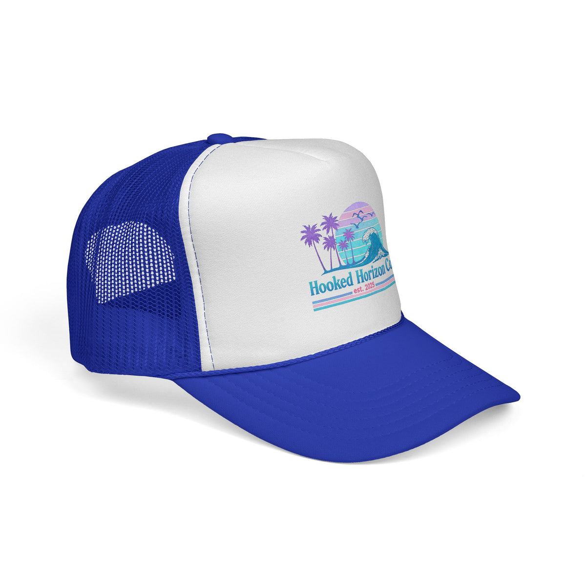 Hooked Horizon Co.  Wave, Sunset & Palm Tree 90s Inspired Trucker Cap in Purple & Blue — Outdoor & Beach Hat Ocean Conservation Gifts For Him & Her