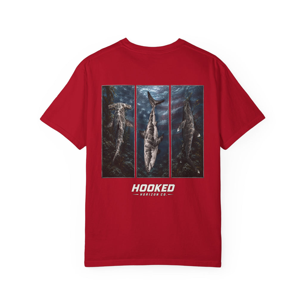 USA Triple Shark Hooked Horizon Co. — "Chasing Legends" Deep Drift Fishing Graphicishing Tee for Angler Lovers, Shark Lovers, Ocean Tee