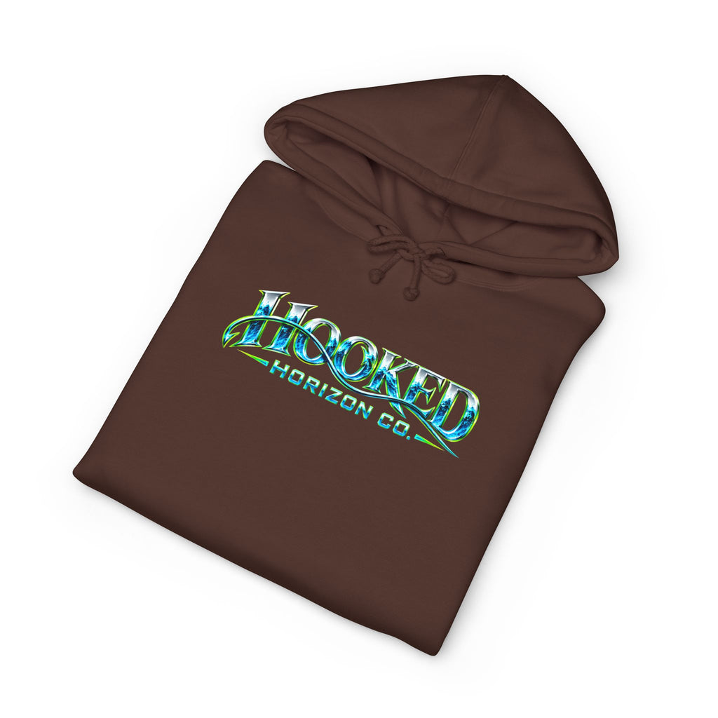 Barracuda Like Green Logo Hoodie—Hooked Horizon Co. — Fishing Back Graphic Hoodie, Multiple Color Variations