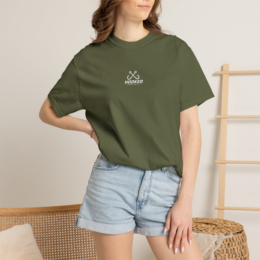 USA Triple Shark Hooked Horizon Co. — "Chasing Legends" Deep Drift Fishing Graphicishing Tee for Angler Lovers, Shark Lovers, Ocean Tee