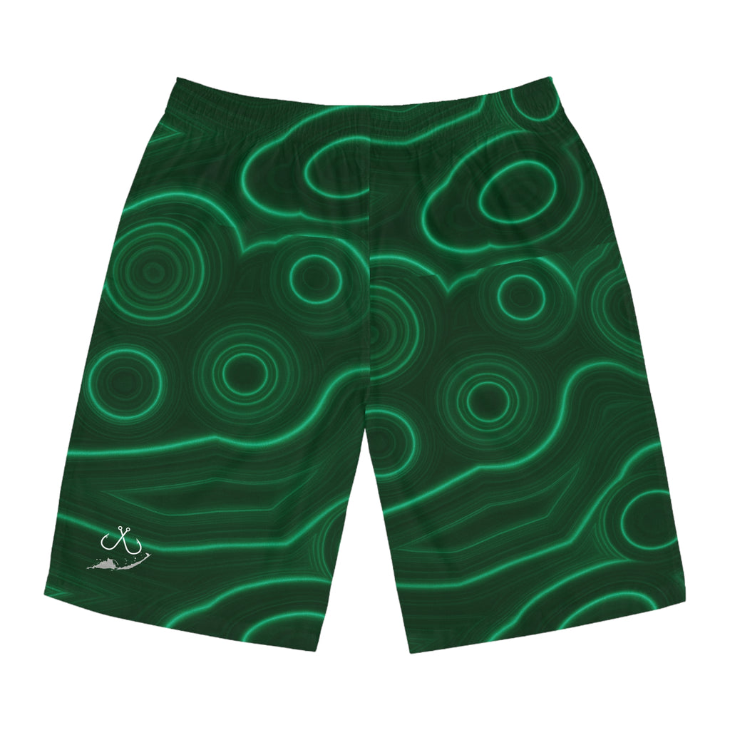 Green Malachite Ocean Mineral-Inspired Board Shorts, Swimwear for Beach Days, Summer Vacations, Pool Parties, Surfing Attire, Water Sports