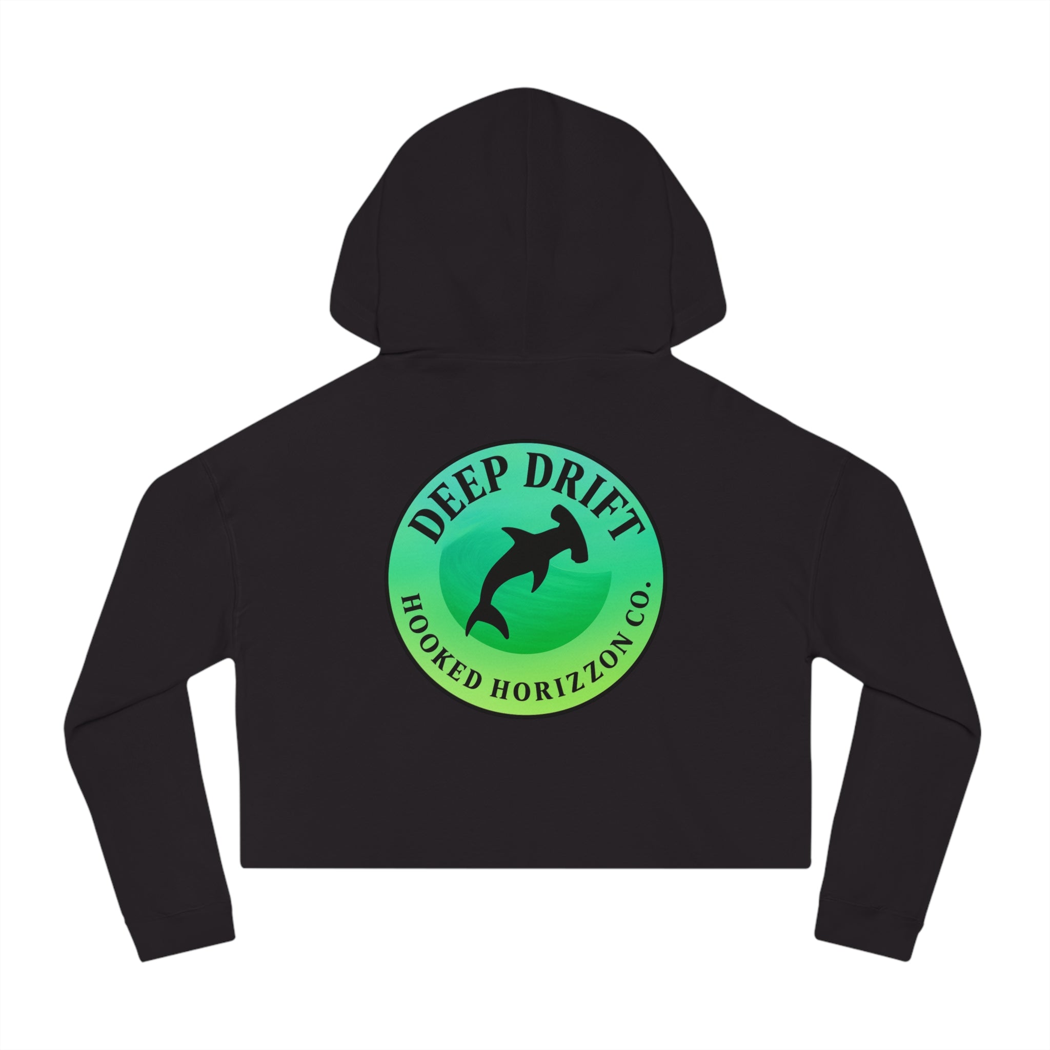 Green Hammer Head Shark Cropped Hoodie — "Deep Drift on the Water" Fishing Graphic